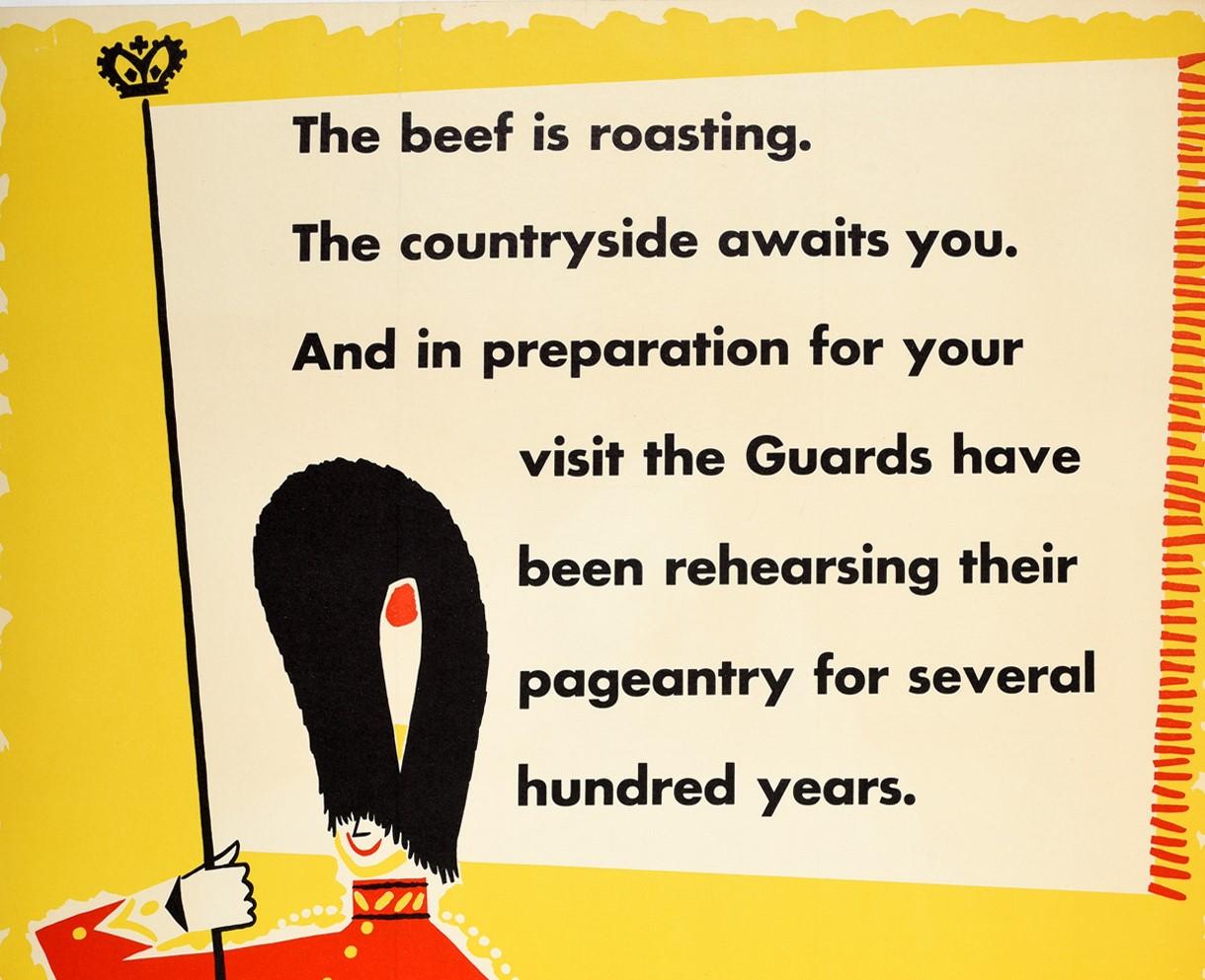 Original vintage travel poster published by the British Travel and Holidays Association – Come to Britain for a holiday that's different – featuring a colourful and fun mid-century design depicting a smiling Royal Guard in red and black uniform