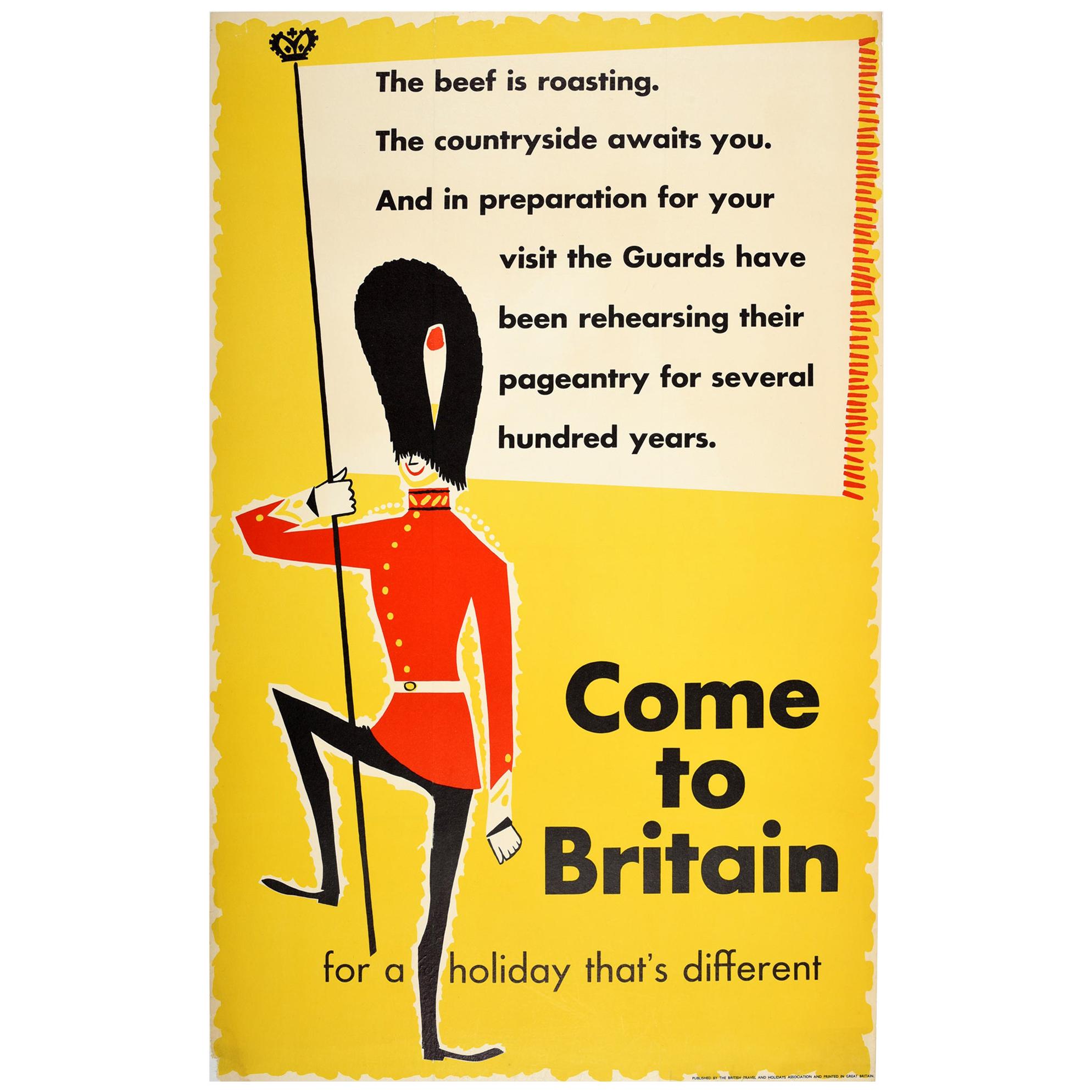 Original Vintage Travel Poster Come to Britain Ft. Midcentury Royal Guard Design