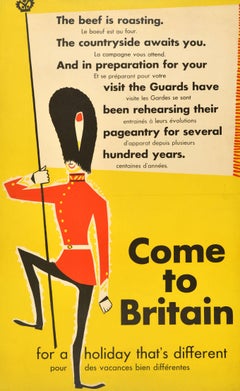 Original Vintage Travel Poster Come To Britain Midcentury Design Royal Guard