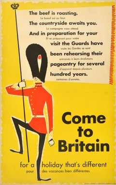 Original Vintage Travel Poster Come To Britain Midcentury Design Royal Guard