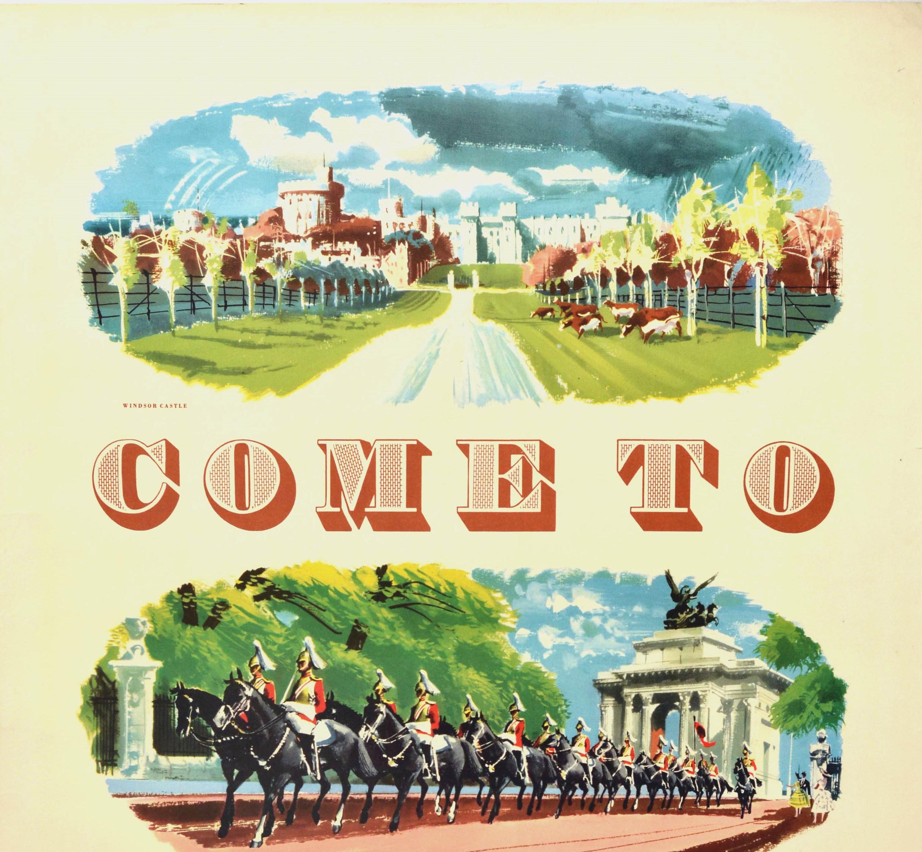 Original vintage travel advertising poster published by the British Travel and Holidays Association to promote the various traditional historic and other tourist attractions for visitors - Come to Britain - featuring the bold stylized title text