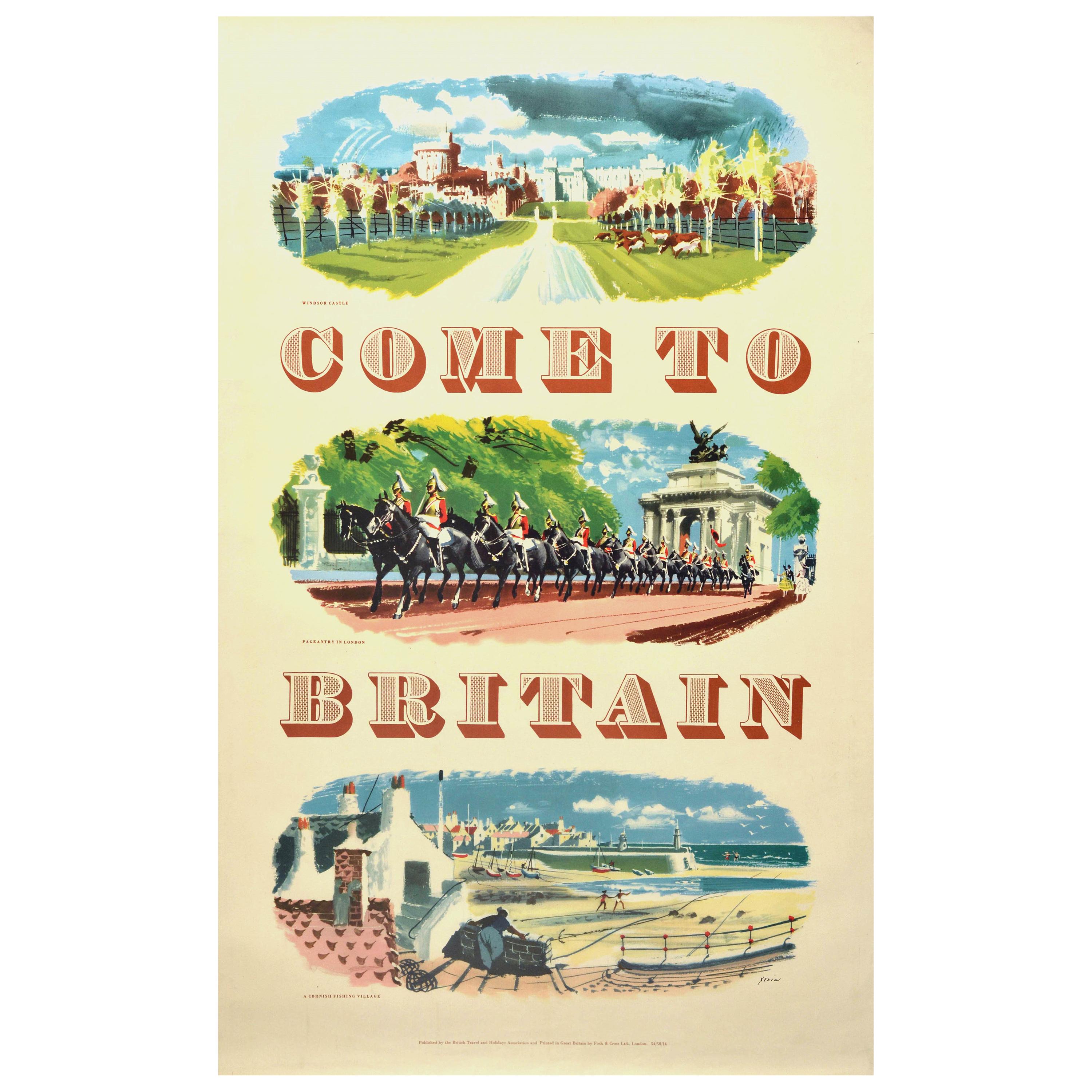 Affiche vintage originale de voyage, Come to Britain, Château de Windsor, Londres, Cornouailles