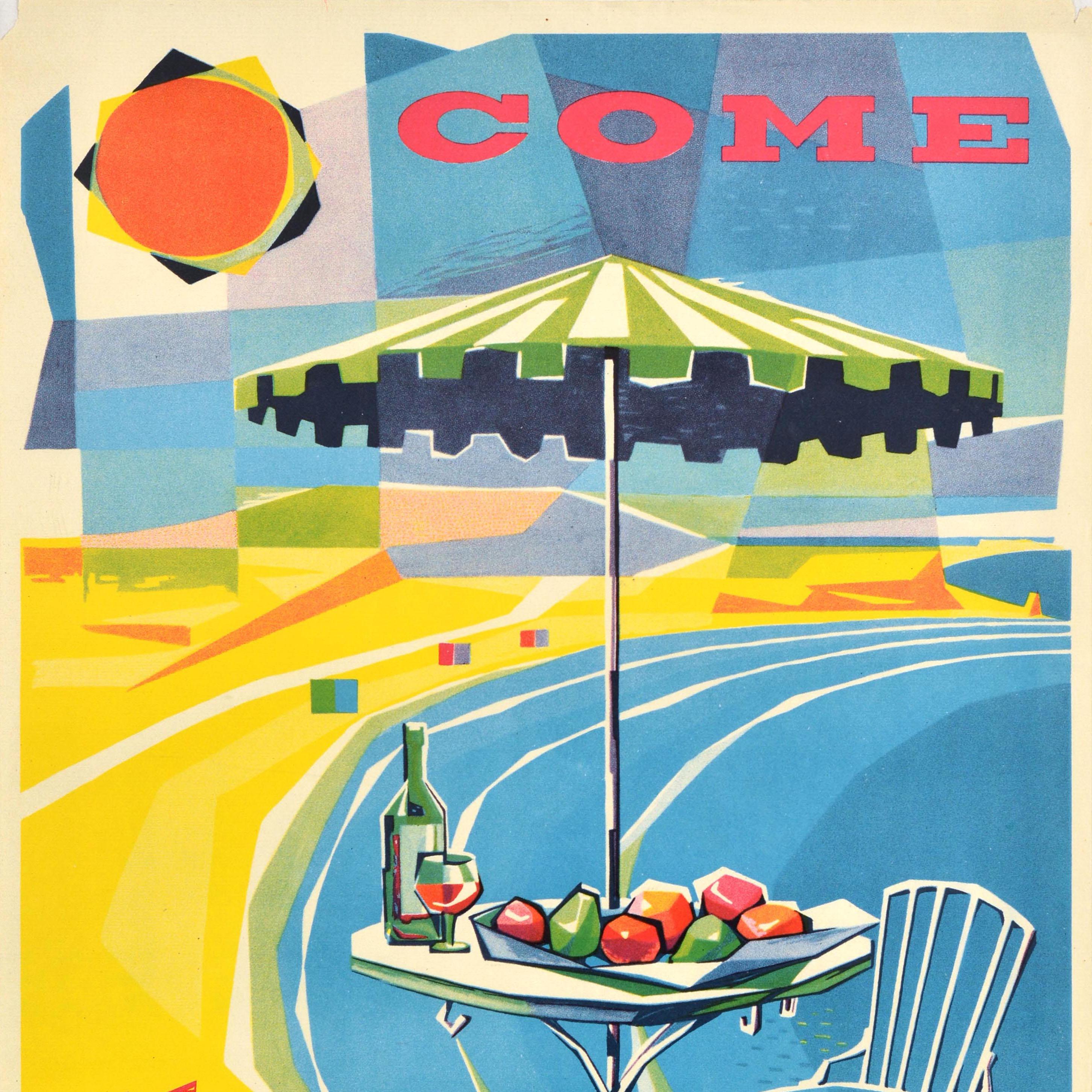 Italiano Poster di viaggio originale d'epoca Vieni a Malta Frank Portelli Spiaggia Mediterranea in vendita