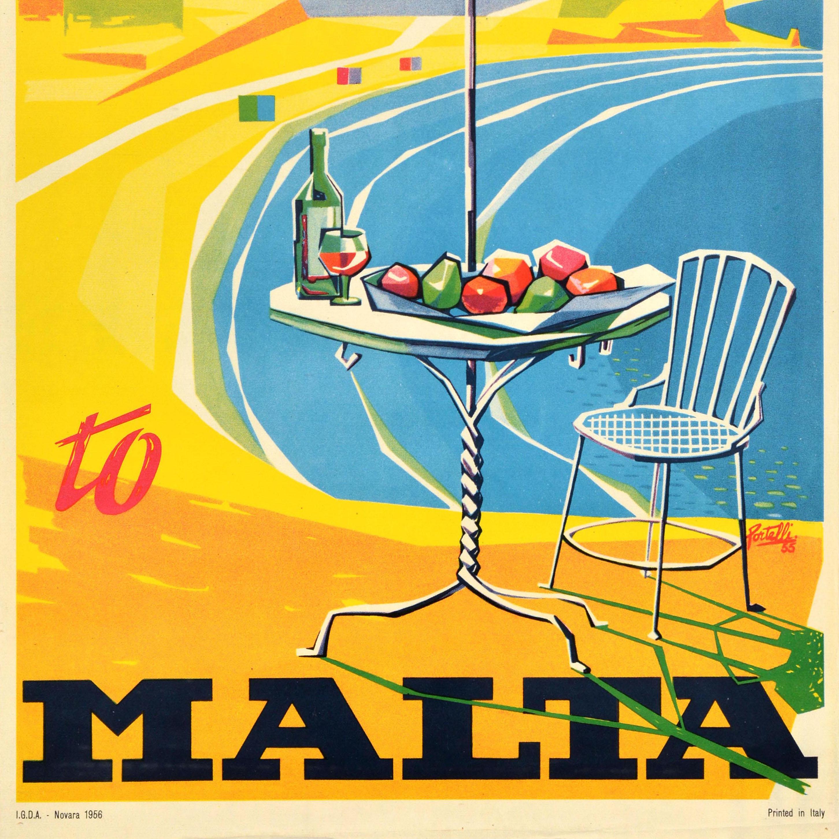 Poster di viaggio originale d'epoca Vieni a Malta Frank Portelli Spiaggia Mediterranea In condizioni buone in vendita a London, GB