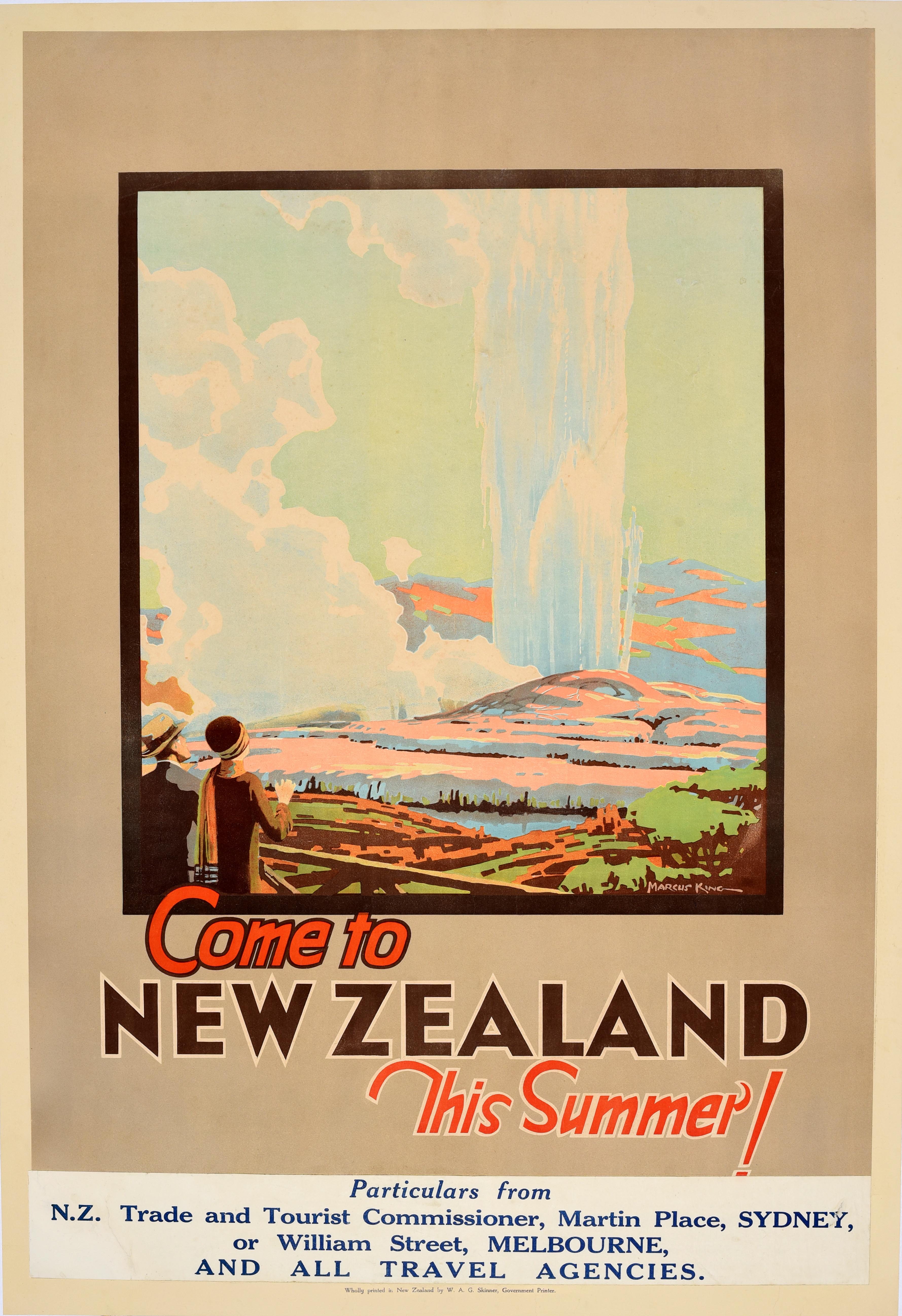 Original-Vintage-Reiseplakat: „Kommen Sie diesen Sommer nach Neuseeland“ – Marcus King