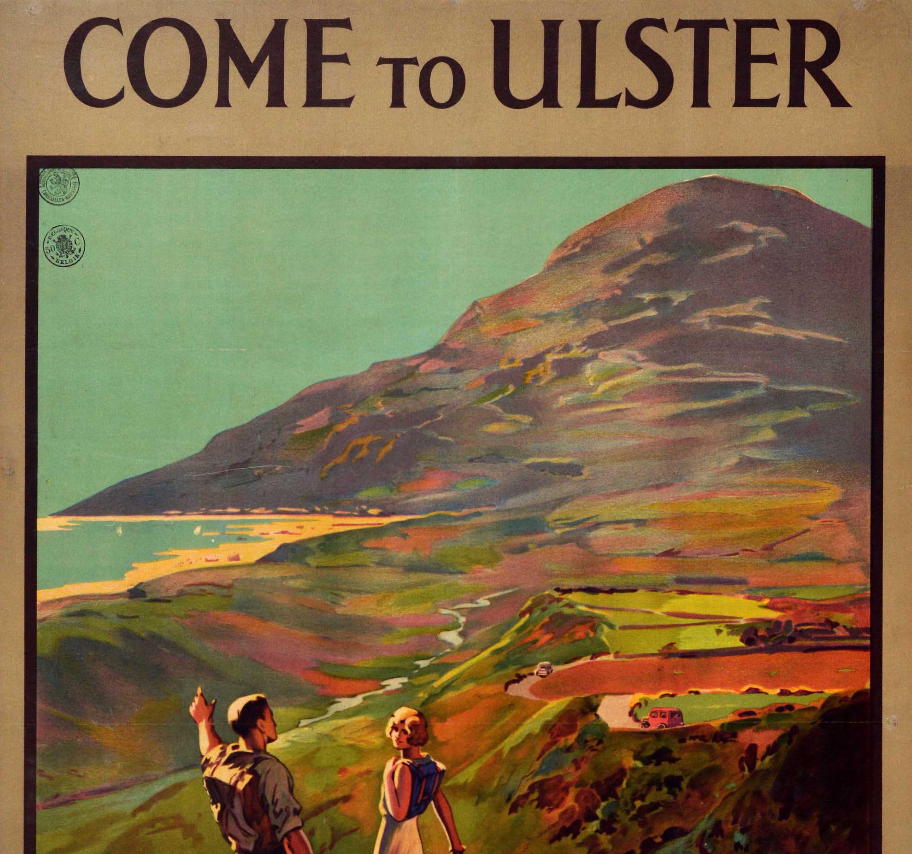 Original vintage travel poster - Come to Ulster - featuring a scenic view of a young man and lady hiking through the countryside in northern Ireland with backpacks and walking sticks, the man pointing towards sailing boats on the Irish Sea in the