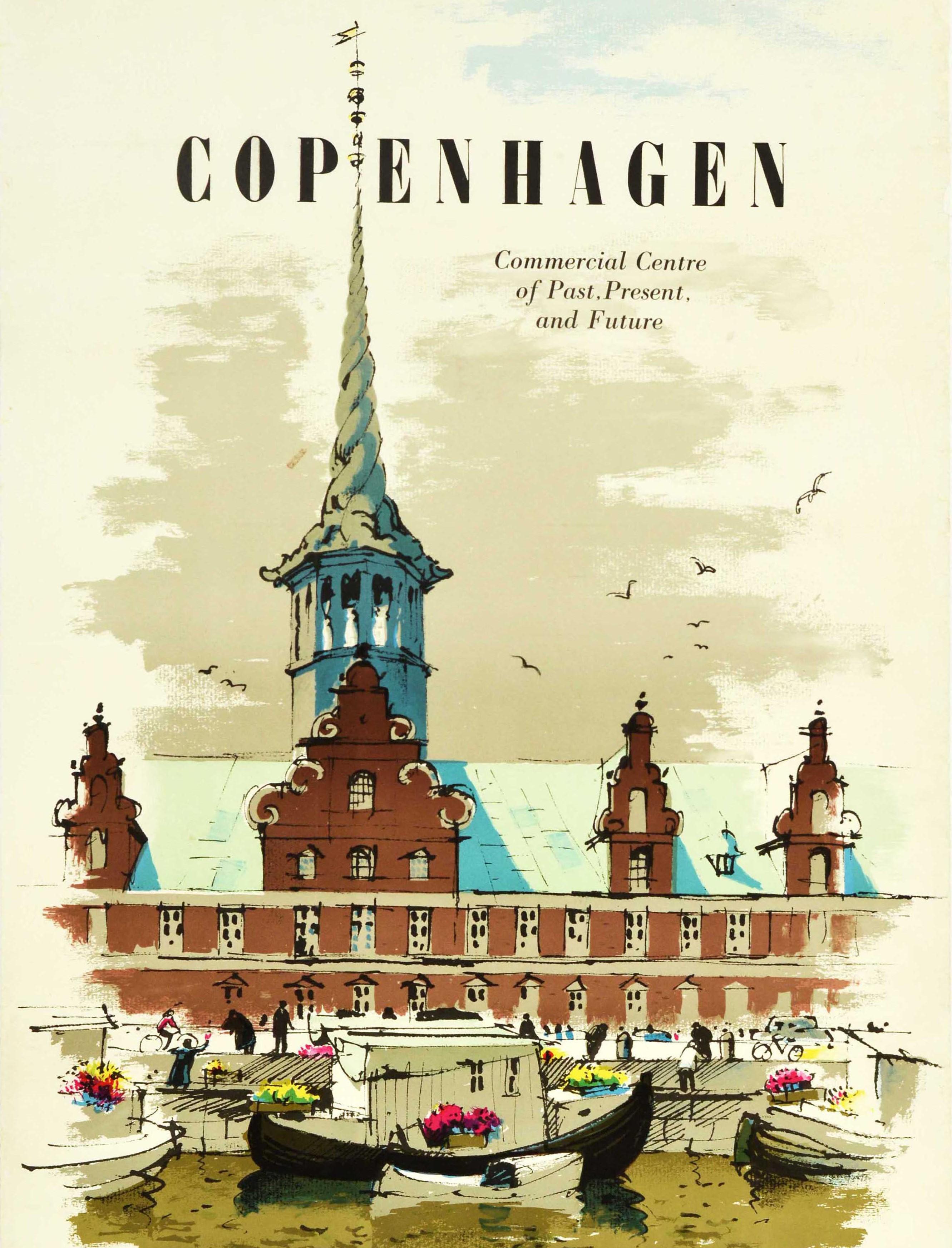 Danish Original Vintage Travel Poster Copenhagen Commercial Centre Past Present Future For Sale