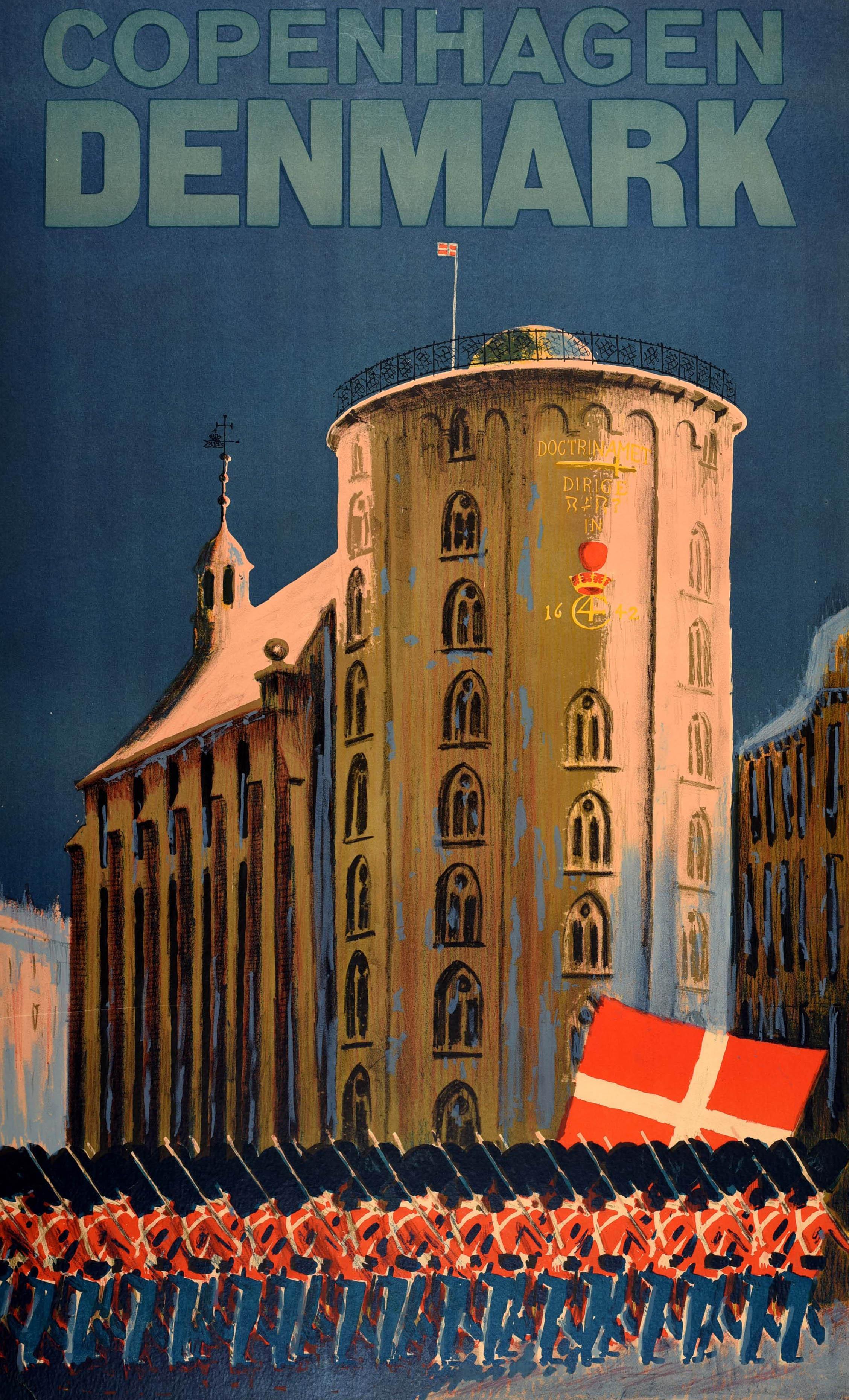 Original vintage travel poster for Copenhagen Denmark featuring Royal Guard soldiers marching with a red and white cross Danish flag past the historic 17th century Rundetaarn / Round Tower astronomical observatory and Trinitatis Kirke / Trinitatis