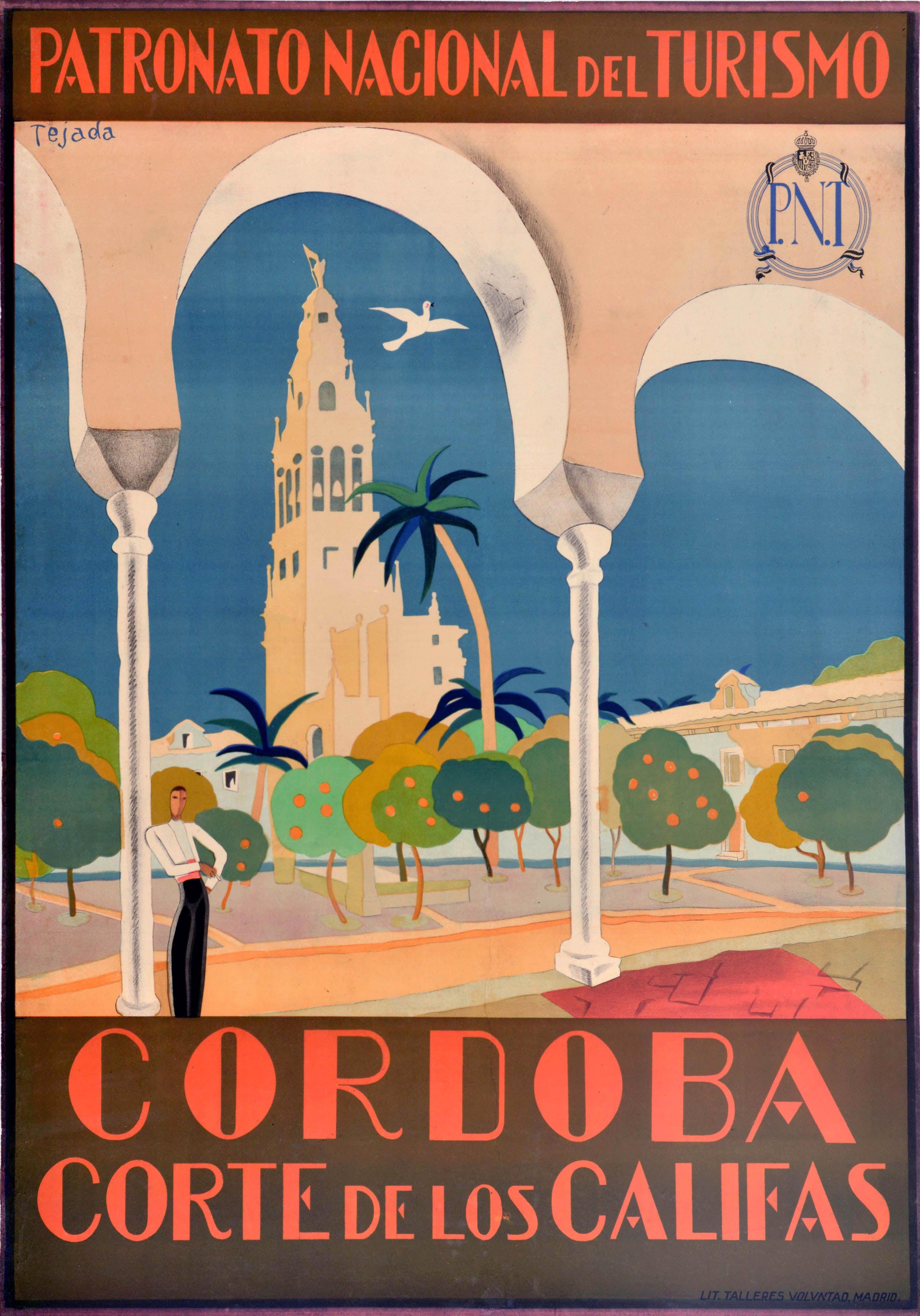 Poster di viaggio originale d'epoca Cordoba Corte De Los Califas Spagna Art Deco