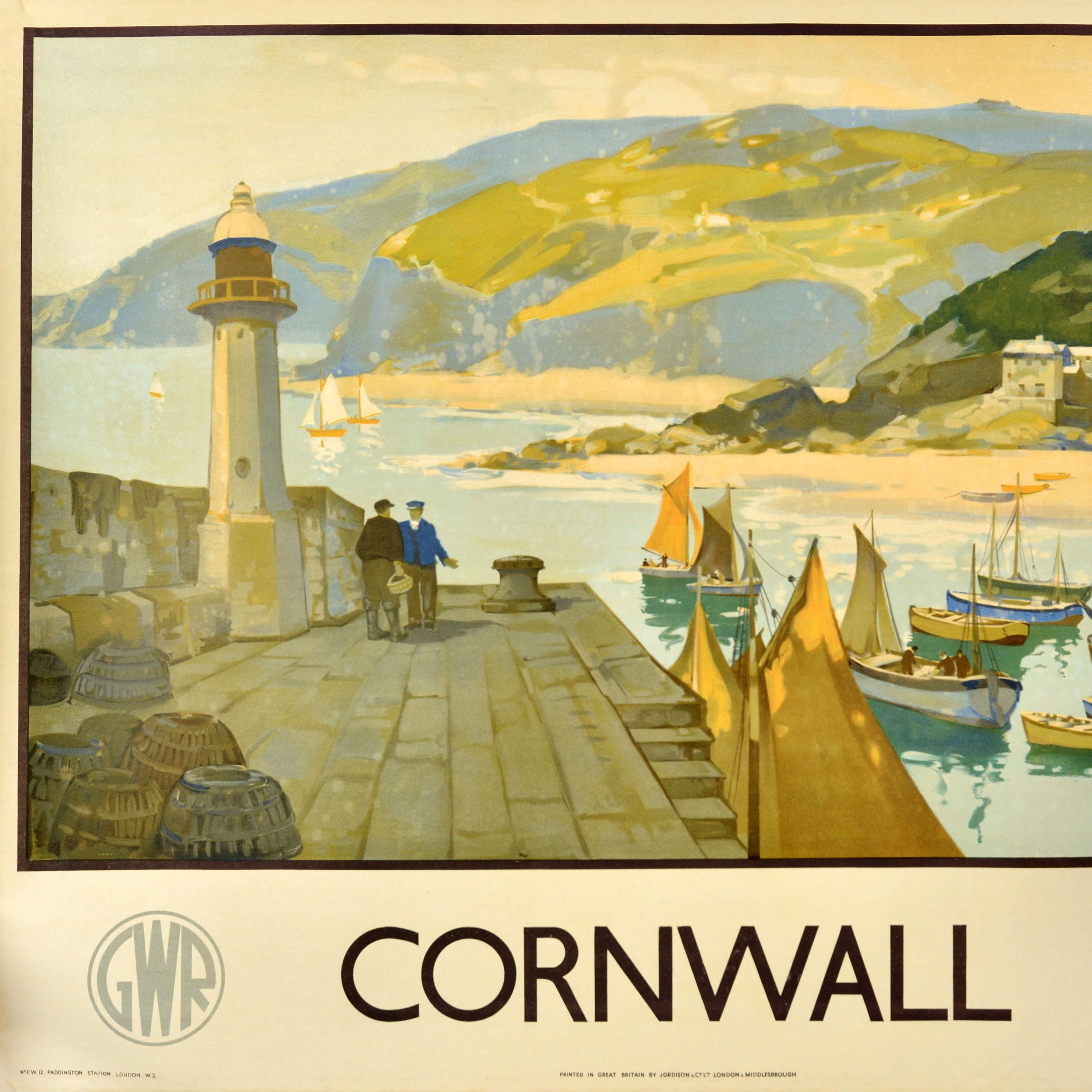 Britannique Affiche rétro originale de voyage Cornouailles, Leonard Richmond, GWR Railway, Harbour Art en vente