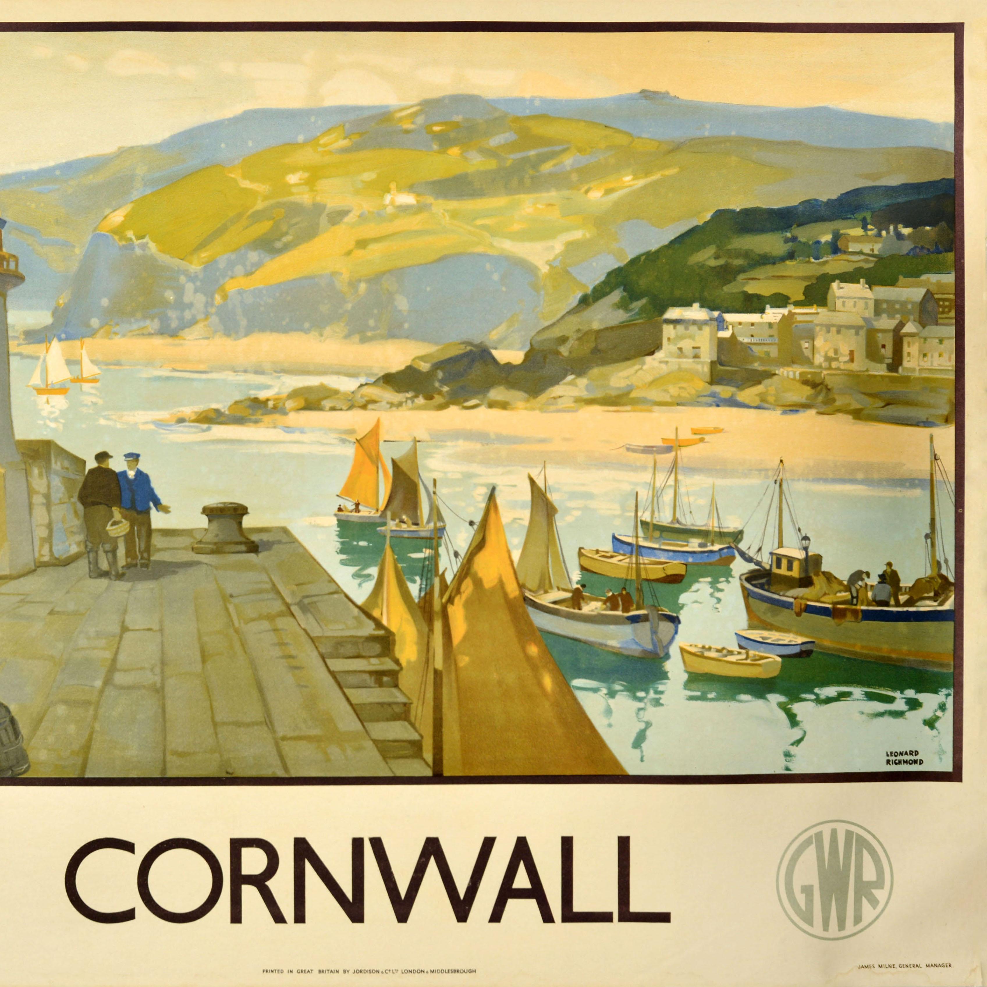 Affiche rétro originale de voyage Cornouailles, Leonard Richmond, GWR Railway, Harbour Art Bon état - En vente à London, GB