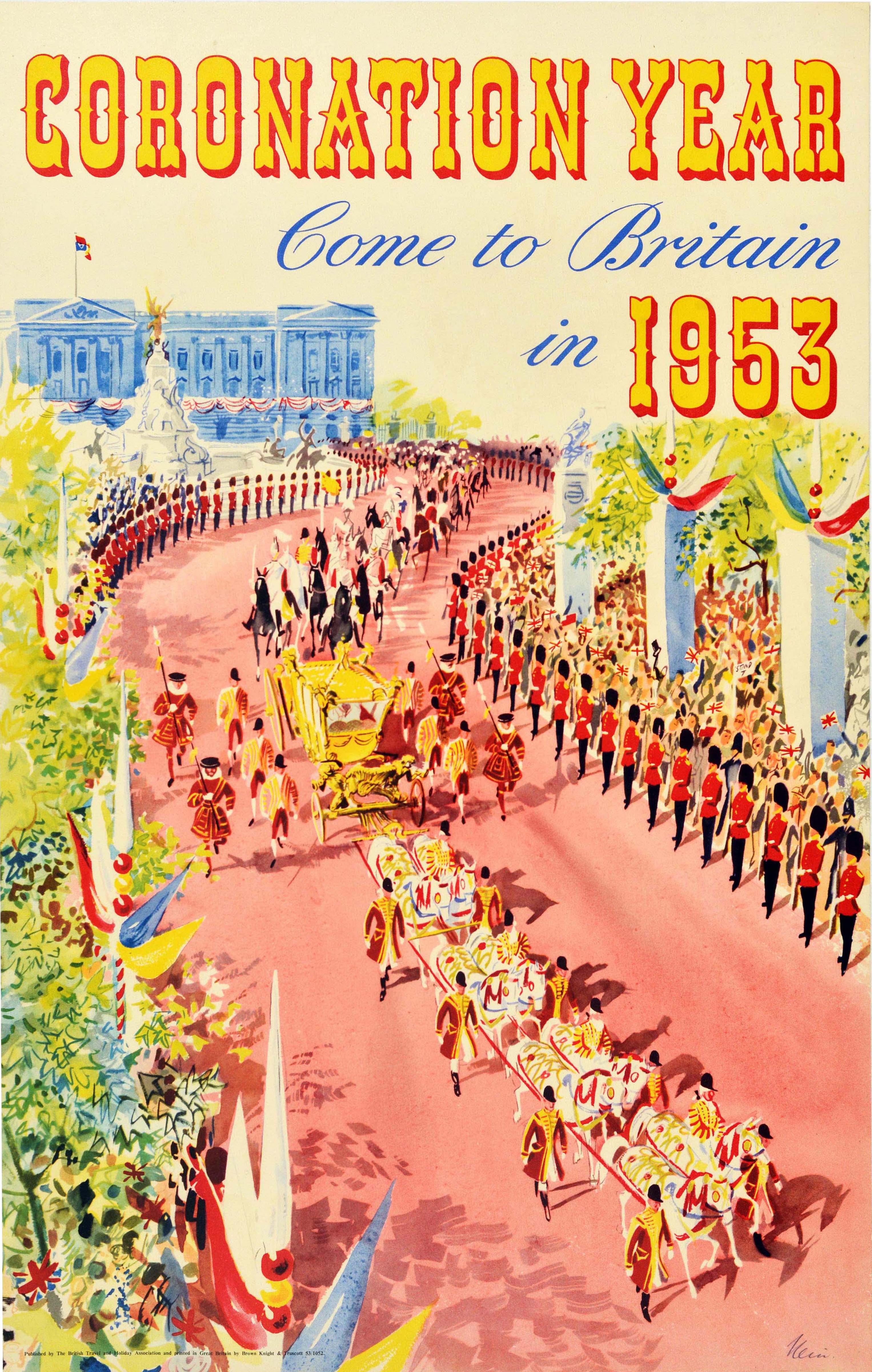 Original vintage travel advertising poster - Coronation Year Come to Britain in 1953 - to celebrate the Coronation of Queen Elizabeth II featuring a colourful image depicting the procession with the Royal Carriage led by white horses coming down