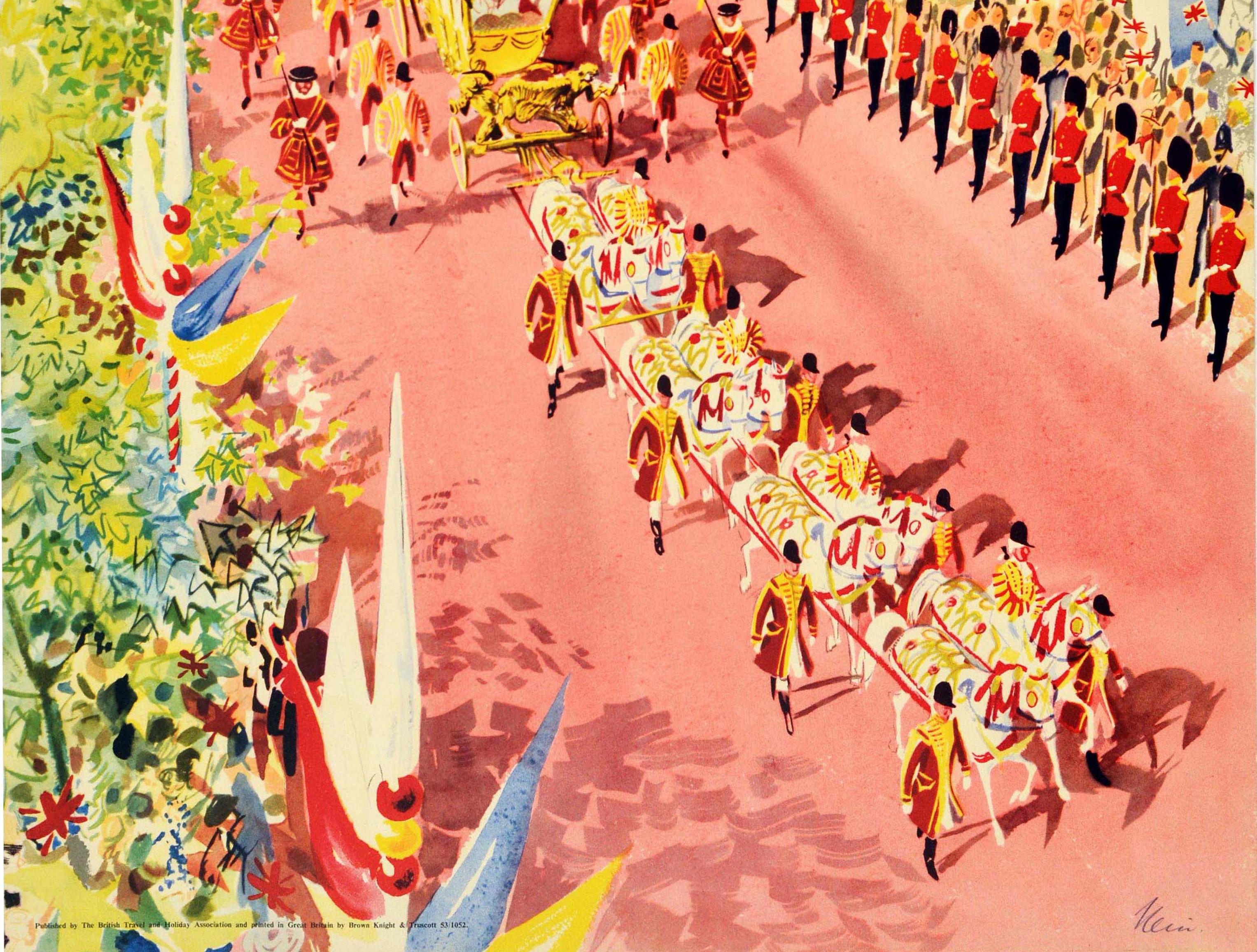 British Original Vintage Travel Poster Coronation Year Come To Britain Queen Elizabeth