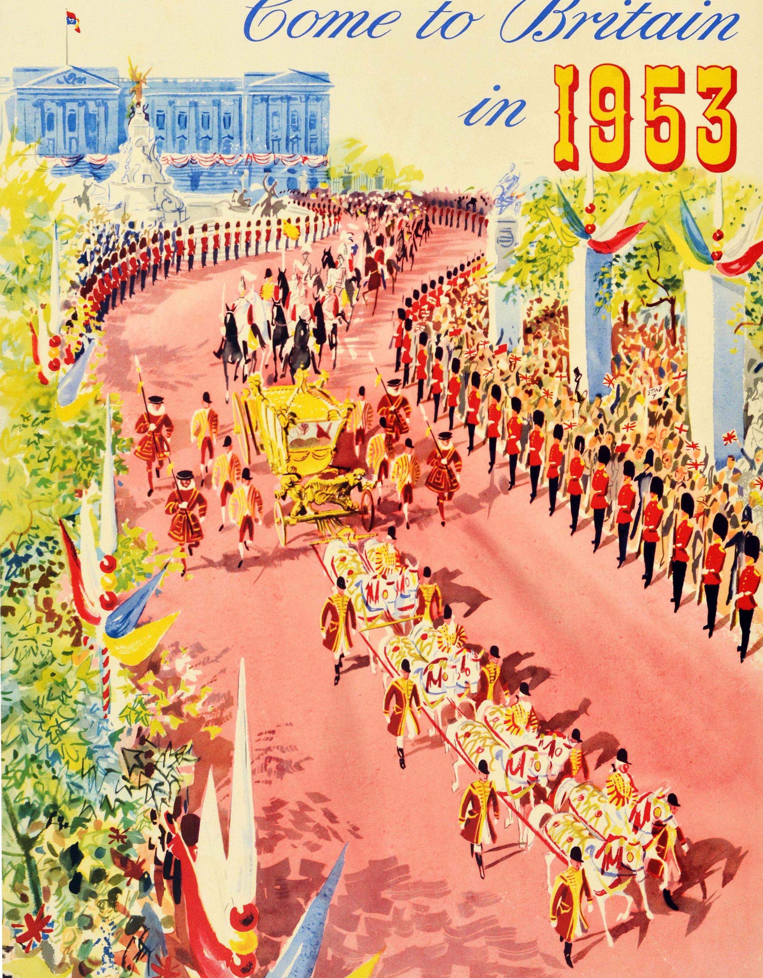 Original Vintage Travel Poster Coronation Year Come To Britain Queen Elizabeth In Good Condition In London, GB