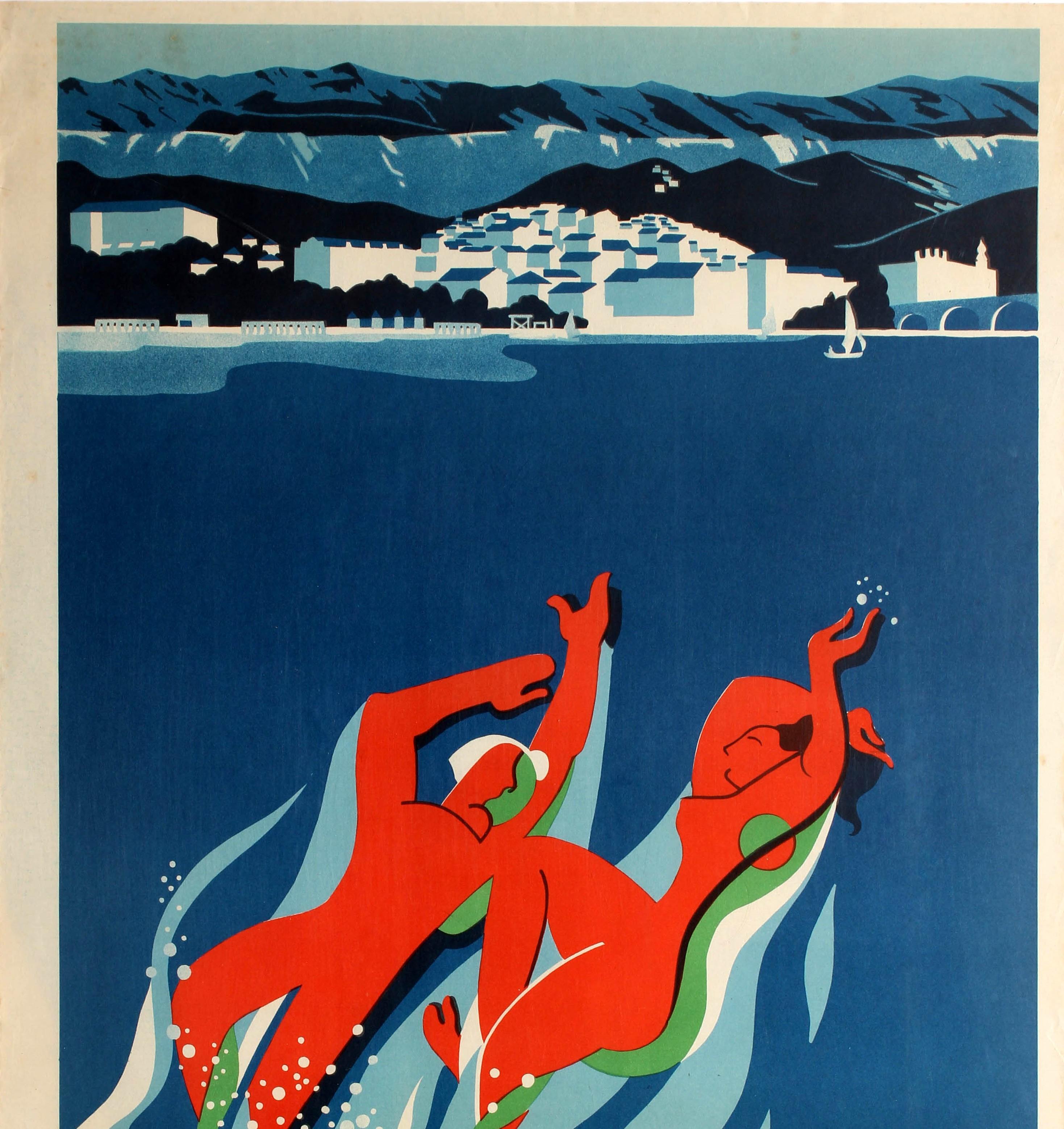 Original vintage travel poster published in French to promote the historic port and health spa resort of Crikvenica on the Vinodol coast in the Kvarner region (previously part of Yugoslavia and now part of Croatia) featuring a colourful stylised