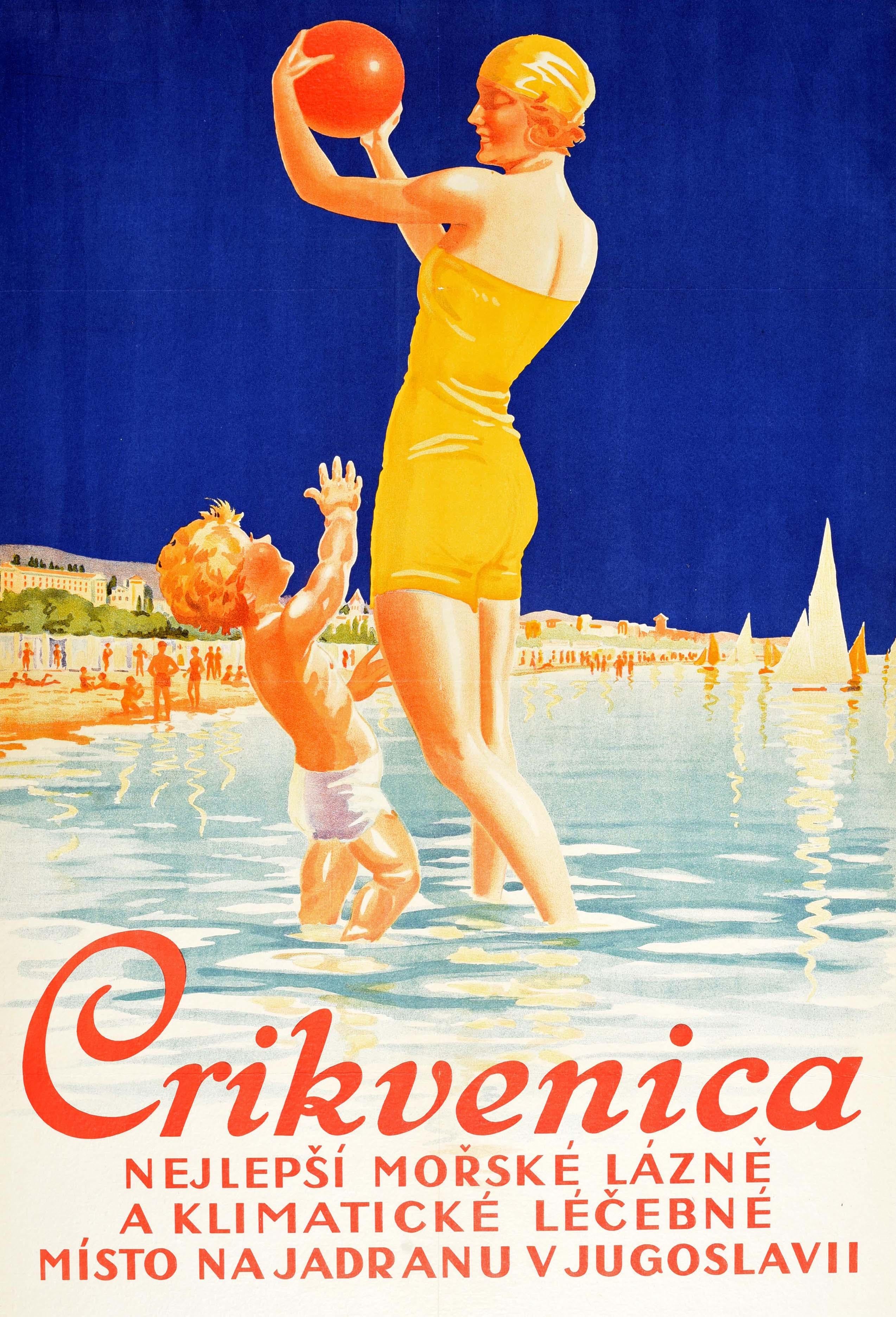 Poster di viaggio originale d'epoca per Crikvenica - The Best Sea Spa and Climatic Health Resort on the Adriatic in Jugoslavia / Nejlepší Mořské Lázně a Klimatické Léčebné Místo na Jadranu v Jugoslavii - con un grande disegno Art/One che raffigura