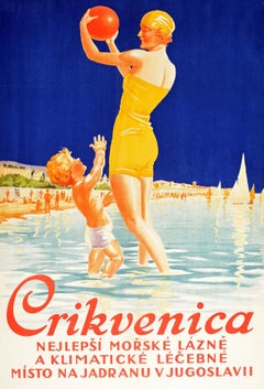 Cartel de Viaje Vintage Original Crikvenica Yugoslavia Balneario Croacia Art Deco