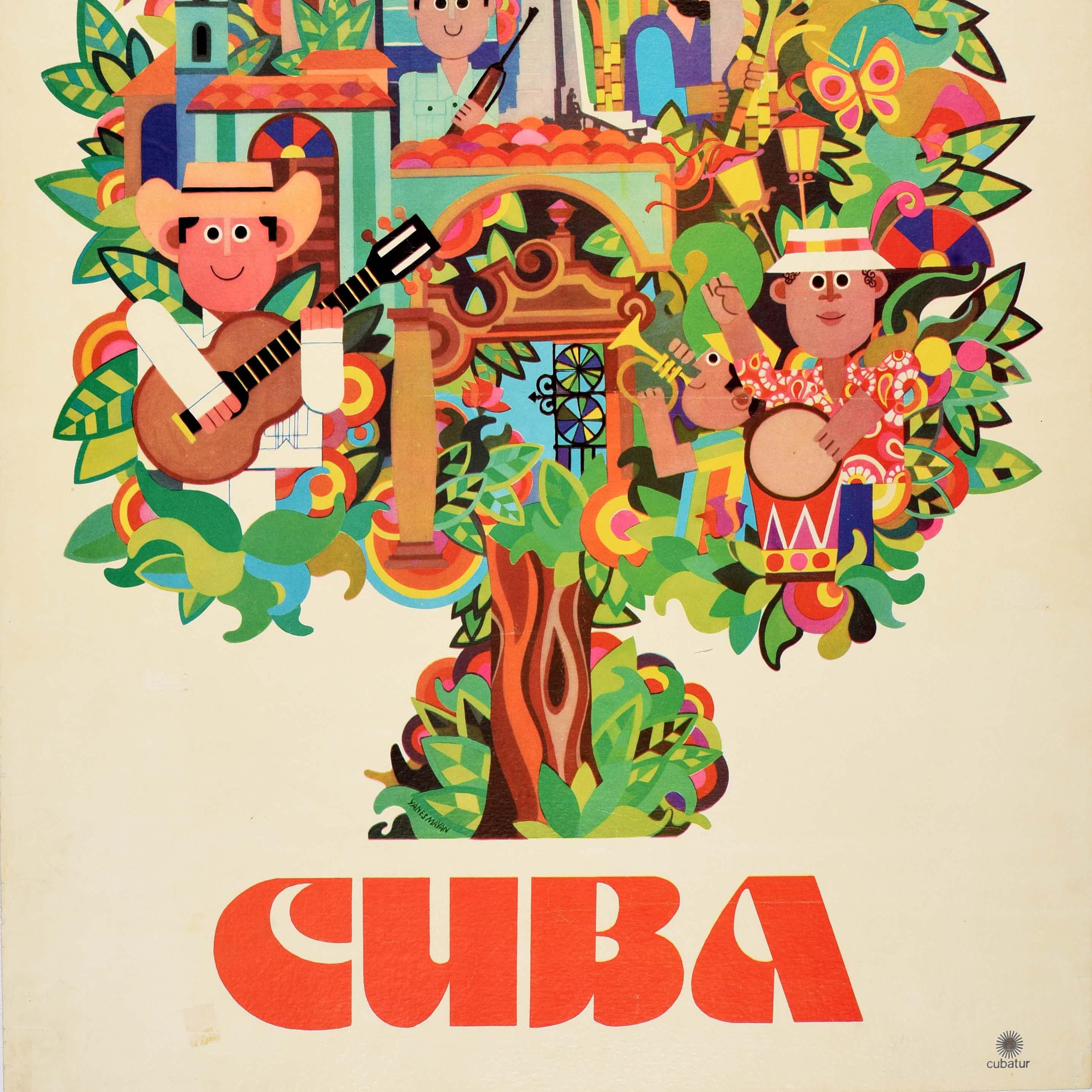 Poster di viaggio originale d'epoca Cuba Albero Musica Turismo Cubatur Mar dei Caraibi In condizioni buone in vendita a London, GB