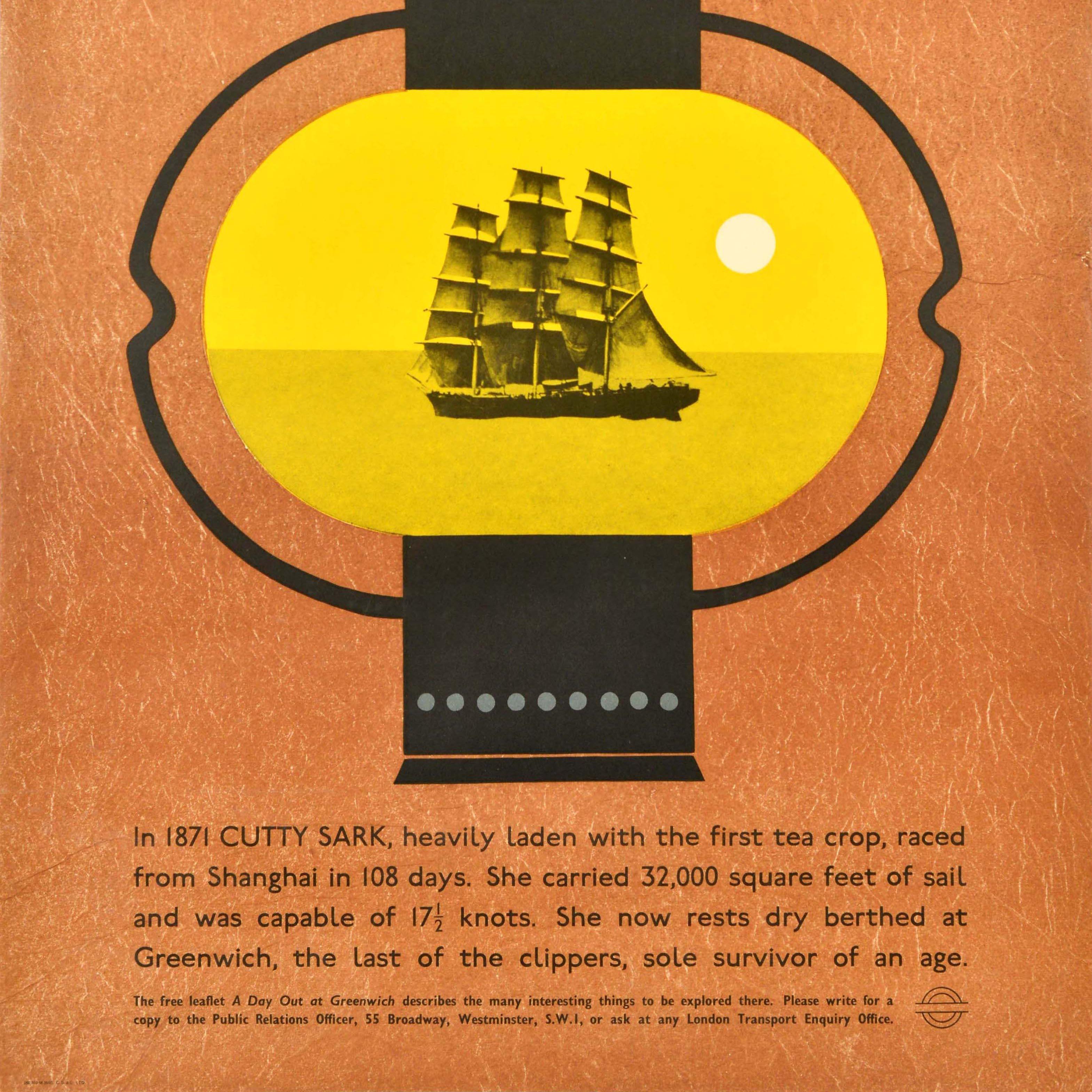Póster de viaje original de época Cutty Sark Clipper Ship London UK Tom Eckersley mediados del siglo XX en venta