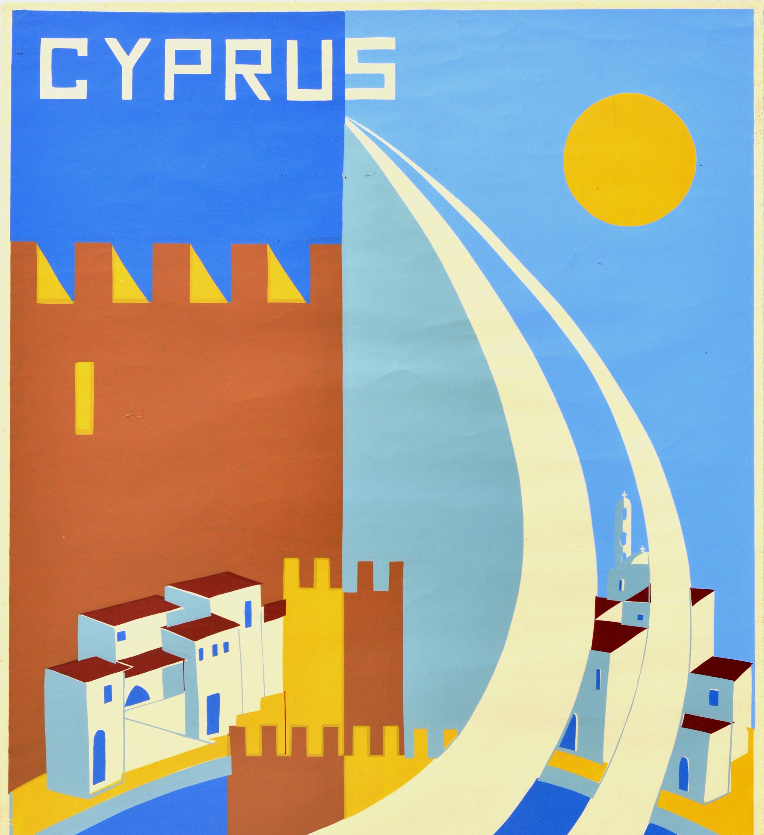 Cypriot Original Vintage Travel Poster Cyprus Summer Beaches Sailing Sport Silkscreen For Sale