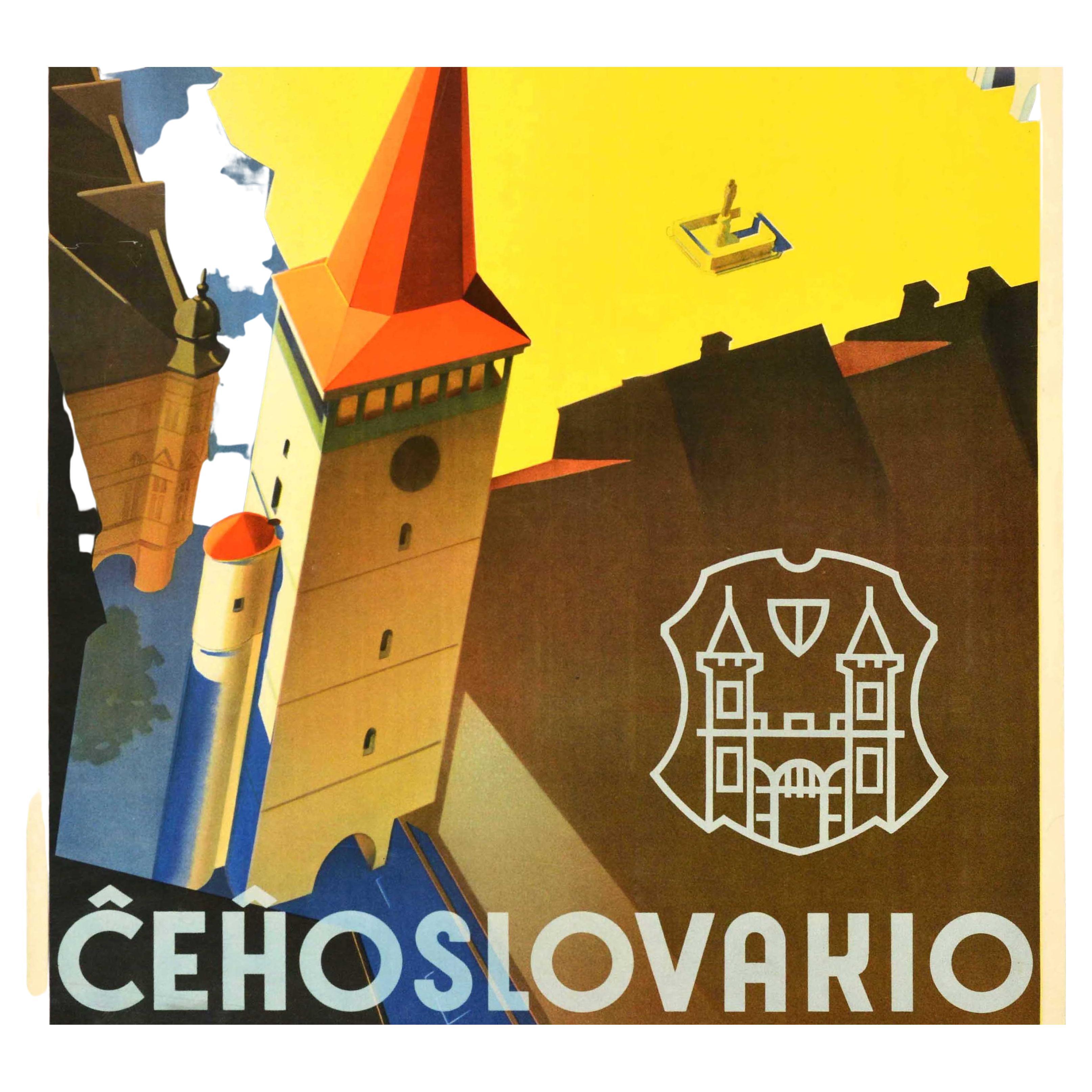 Original vintage travel poster advertising tourism to Czechoslovakia - Visit the town of Jicin and the Prachov Rocks / Prachovske Skaly - featuring a stunning aerial illustration of the historic Wallenstein Square / Valdstejnovo Namesti in yellow