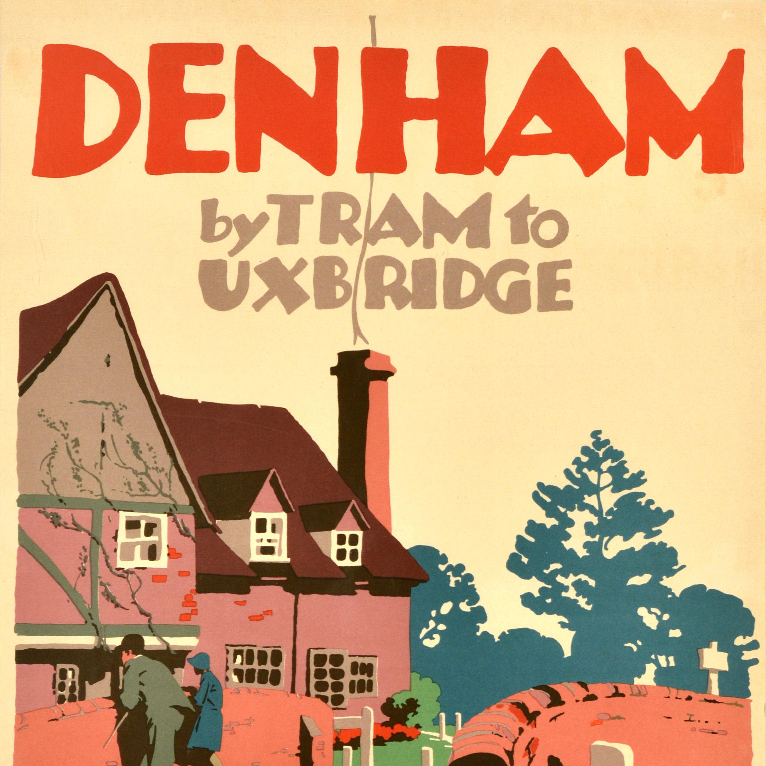 Original vintage travel poster - Denham by Tram to Uxbridge - featuring a colourful image by the notable British poster artist Frank Newbould (1887-1951) depicting a lady and man standing on a stone bridge with a fence in the foreground and a house