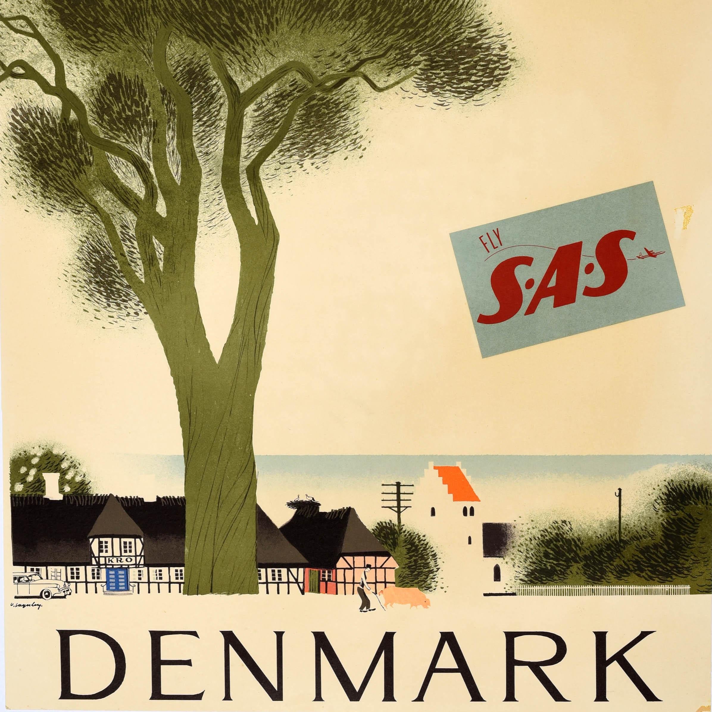 Danois Original Vintage Travel Poster Denmark SAS Viggo Vagnby Kro Inn Scandinavia en vente