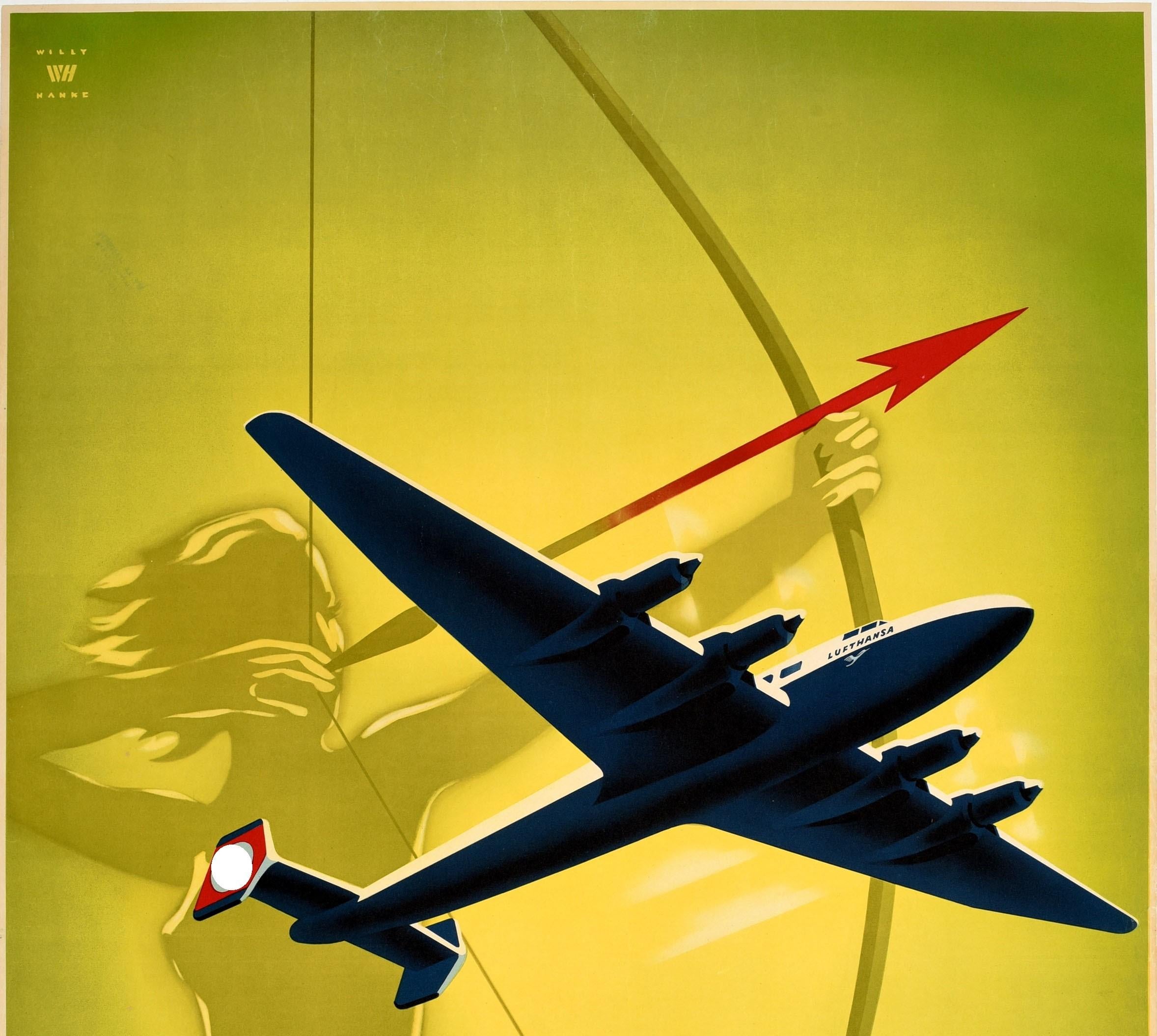Original vintage travel poster advertising Deutsche Lufthansa featuring a dynamic Art Deco style illustration of a propeller plane marked with the Lufthansa crane logo and German Nazi swastika flag (*) on the tail, flying at speed in front of an