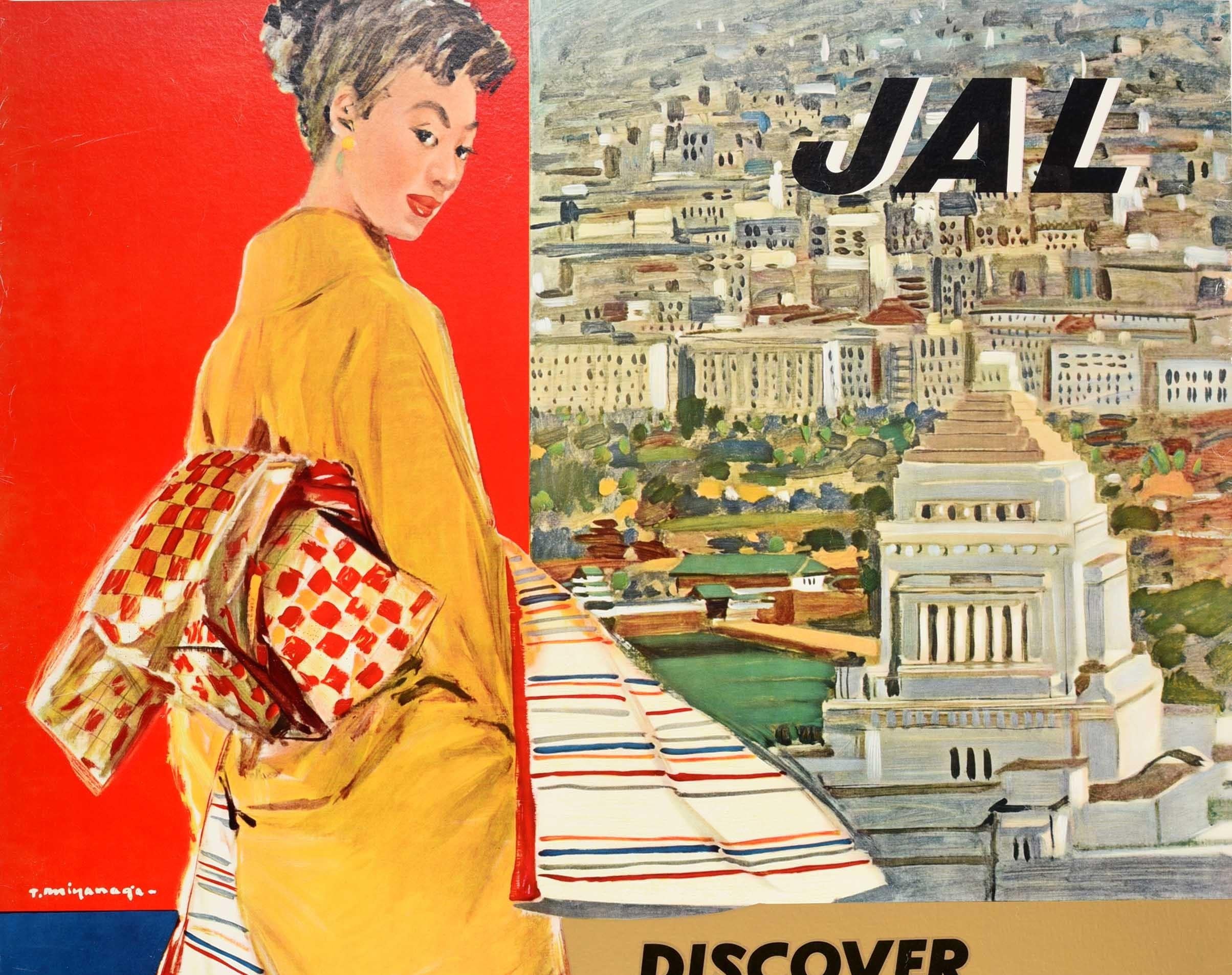Affiche de voyage vintage originale de Japan Air Lines - JAL Discover Japan - avec un superbe design montrant l'architecture historique et la vue de la ville, avec un motif coloré en dessous et une illustration d'une dame en robe kimono