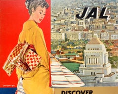 Original Vintage Travel Poster Discover Japan Air Lines JAL City View Kimono Art