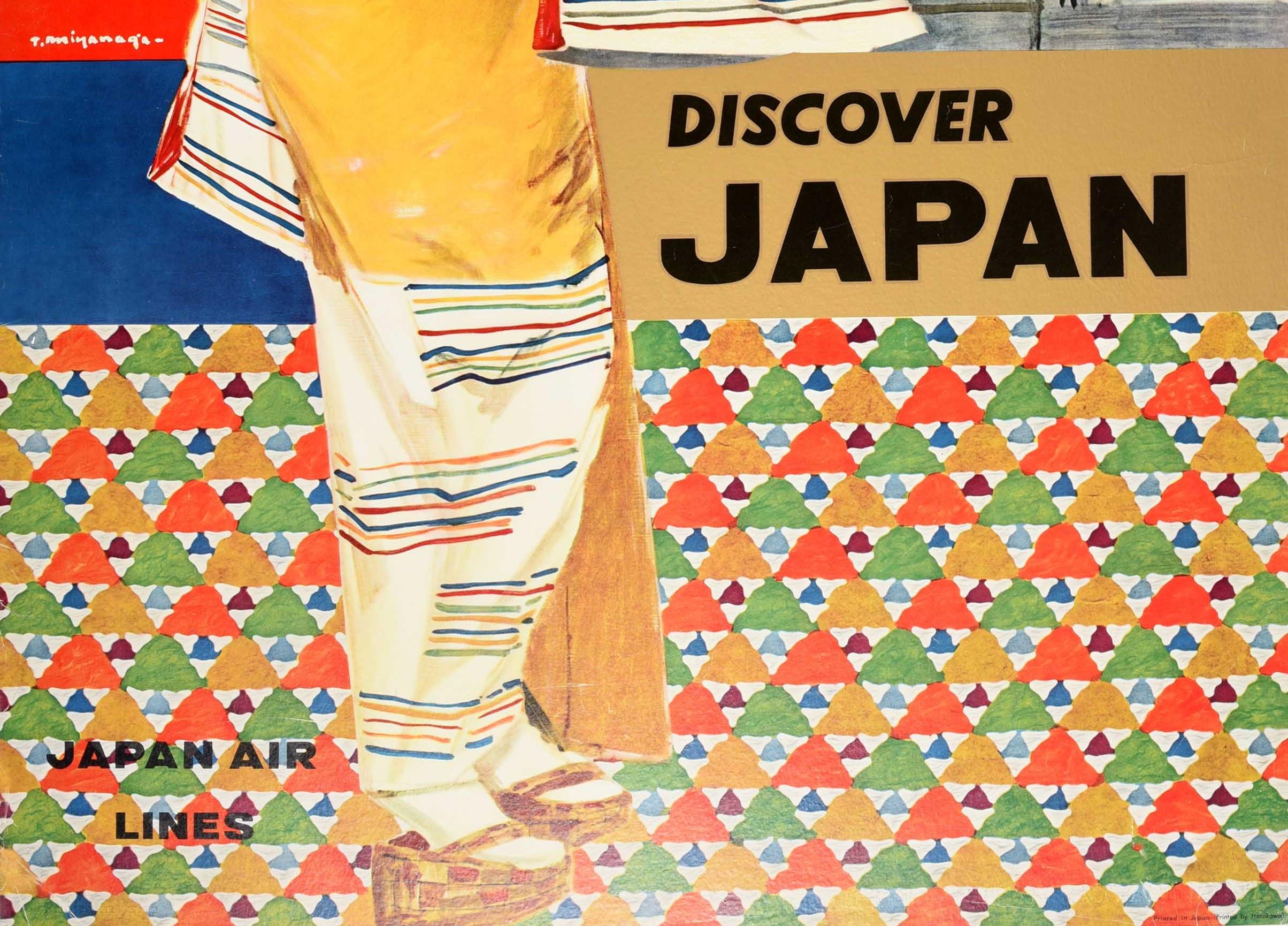 Japanese Original Vintage Travel Poster Discover Japan Air Lines JAL City View Kimono Art For Sale