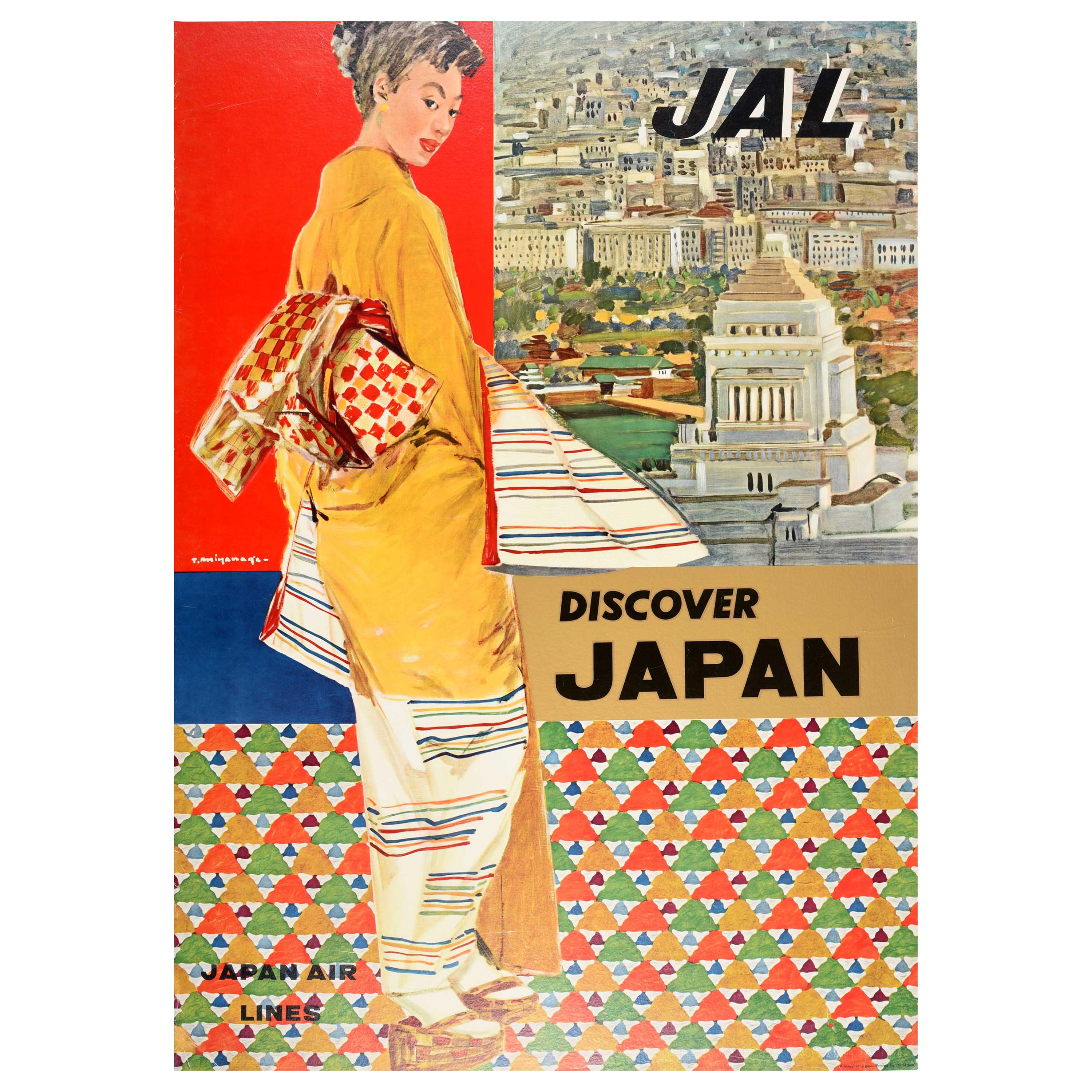Original Vintage Travel Poster Discover Japan Air Lines JAL City View Kimono Art For Sale