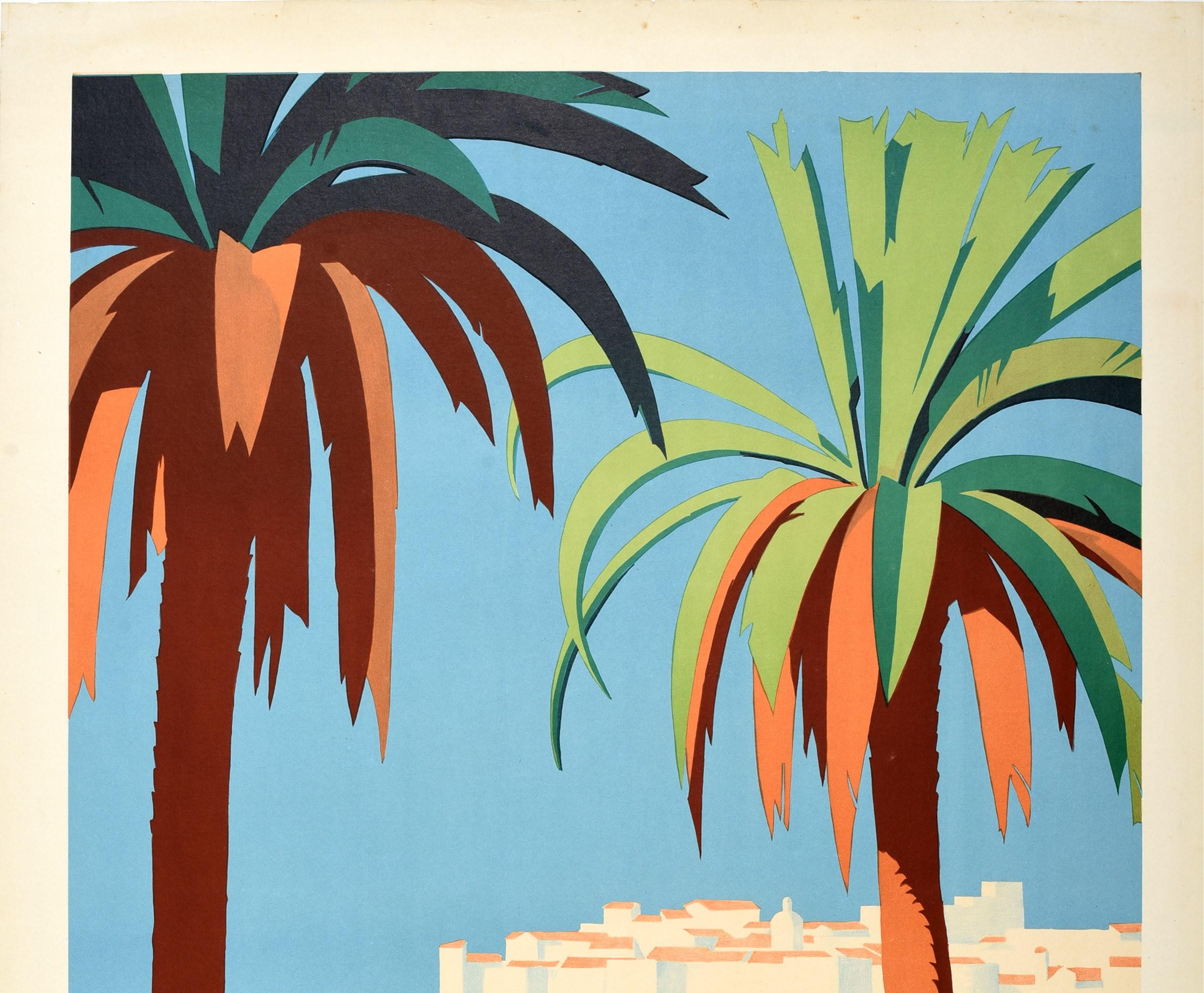 Original vintage travel advertising poster for Dubrovnik The Gem of the Jugoslav Adriatic featuring a stunning Art Deco style illustration by Hans Wagula (1894-1964) depicting a view of the clear blue Adriatic Sea with tall palm trees in the
