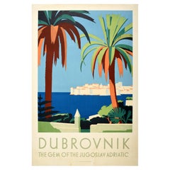 Poster di viaggio originale d'epoca Dubrovnik, gemma della città jugoslava sul mare Adriatico