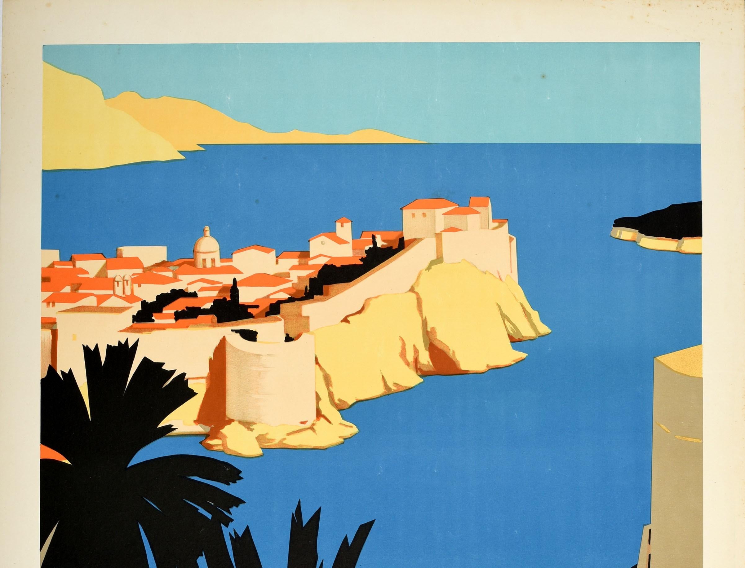Original vintage travel advertising poster for Dubrovnik The Gem of the Jugoslav Adriatic featuring a stunning scenic view of the historic city on the clear blue sea with palm trees in the foreground and hills in the distance. Artwork by Hans Wagula