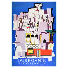 Poster di viaggio originale d'epoca Dubrovnik Jugoslavija Yugoslavia Porto della città vecchia