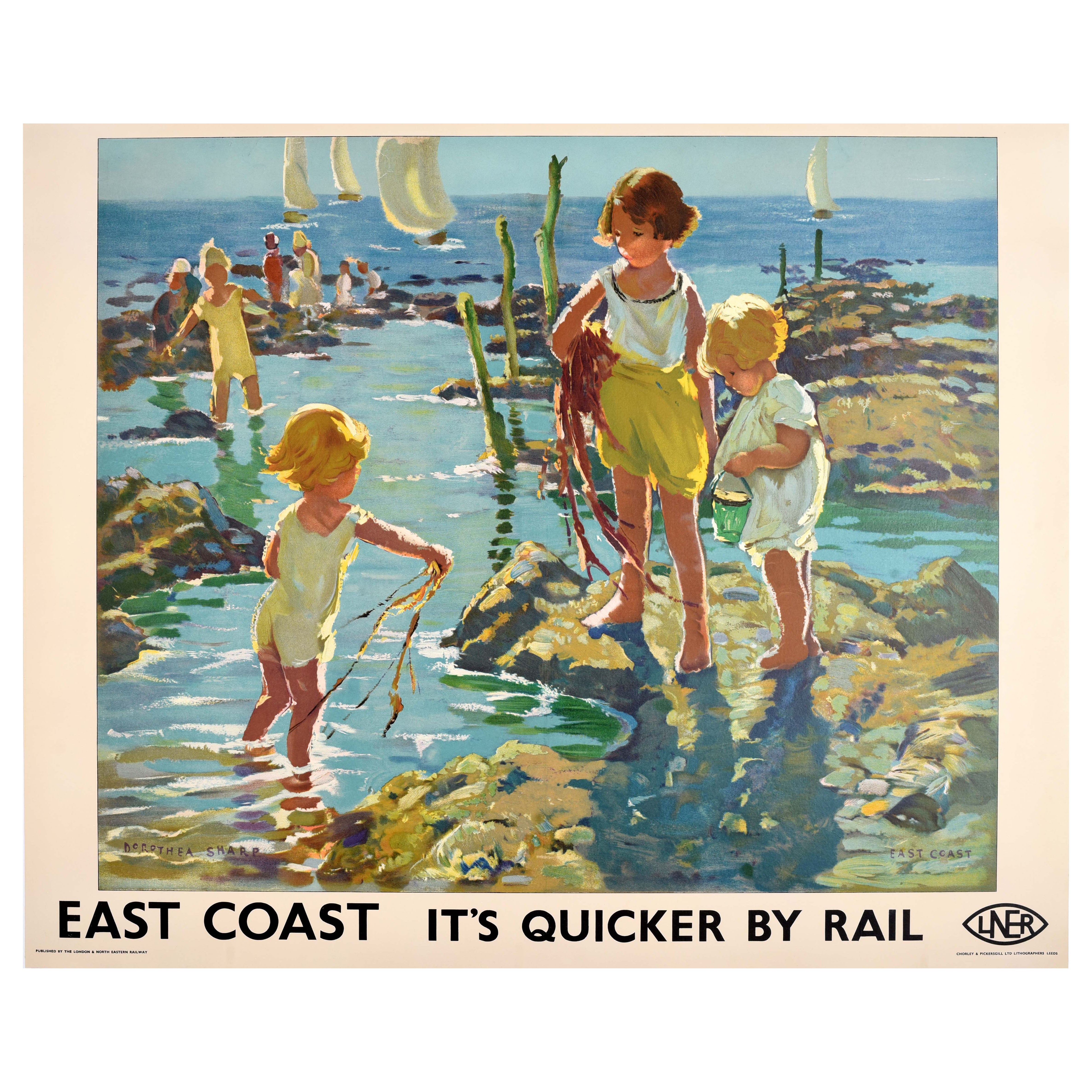 Affiche rétro originale de voyage « East Coast Quicker By Rail » (LNER) Dorothea Sharp en vente