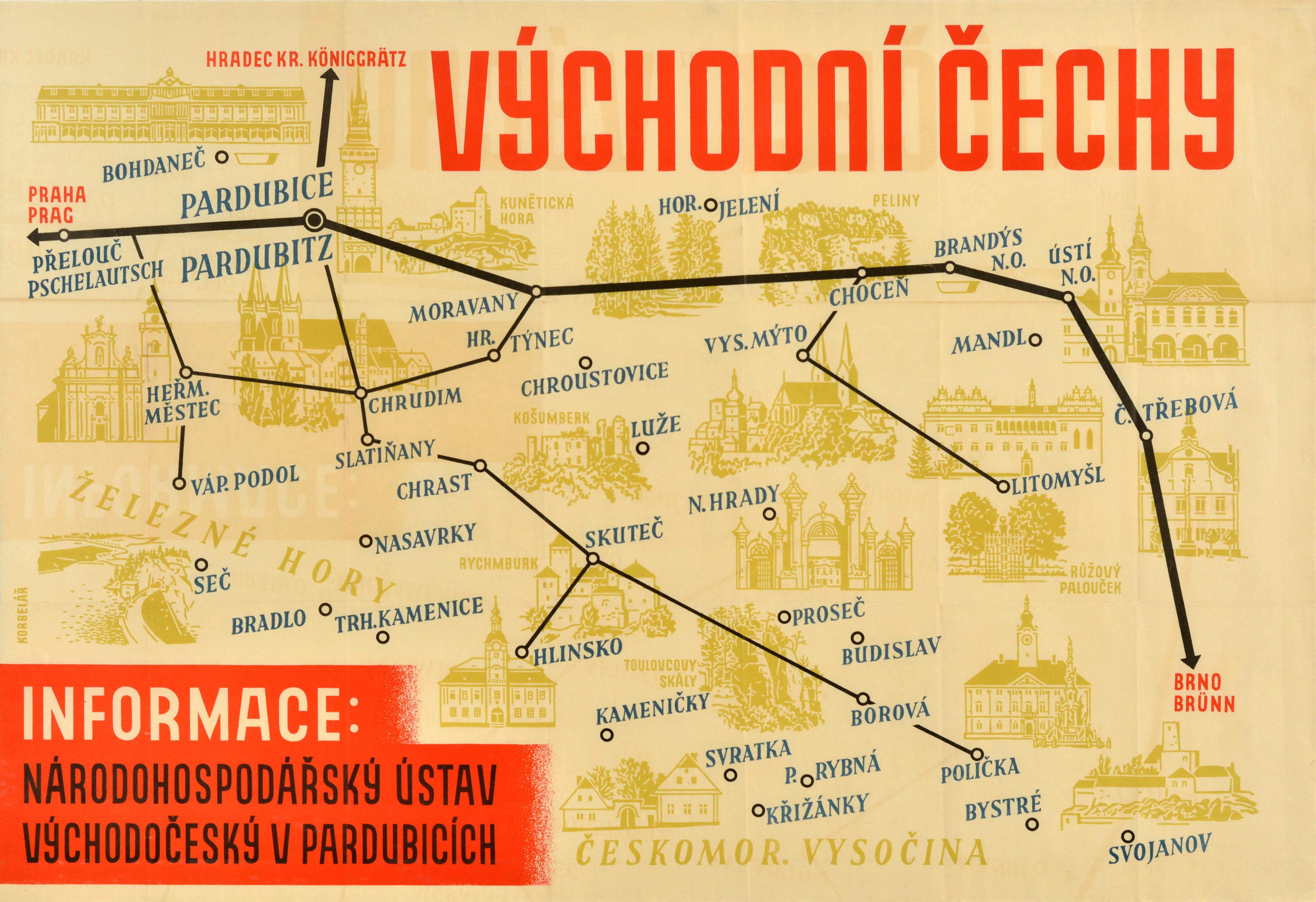Original vintage travel map for Eastern Bohemia / Vychodni Cechy featuring route lines through the area linking cities and towns with illustrations of castles and other buildings of interest and historical significance, the title in bold red letters