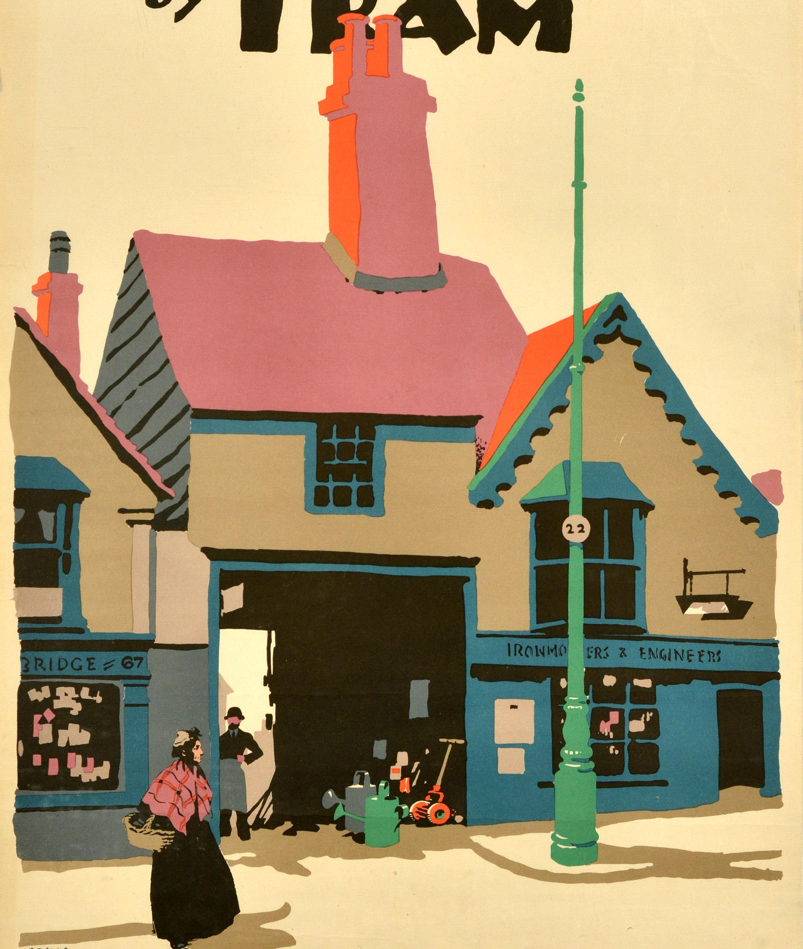 Original vintage travel poster - Edgware by Tram - featuring a colourful image by the notable British poster artist Frank Newbould (1887-1951) depicting a lady wearing a shawl and carrying a basket in front of shop buildings, one number 67 and