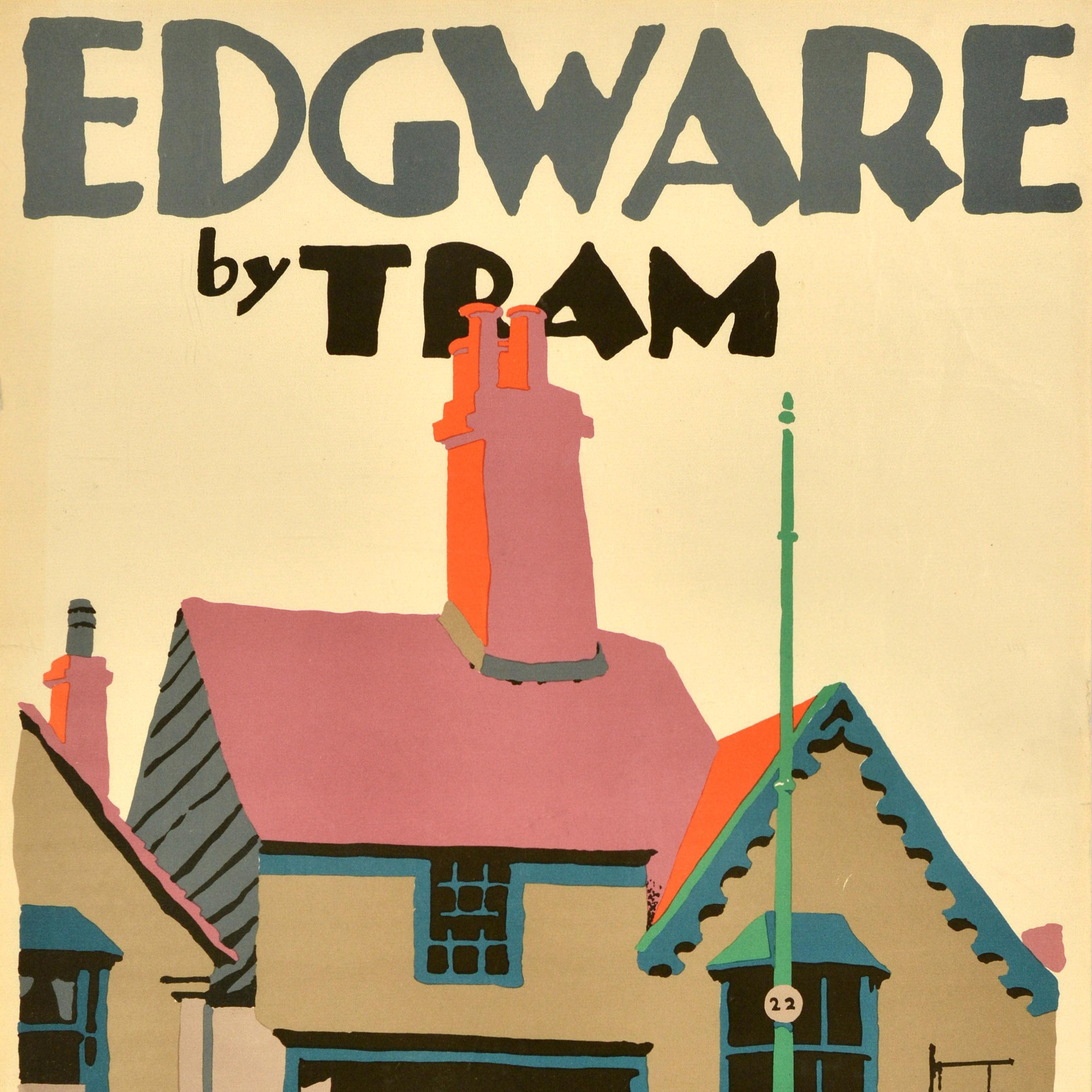 British Original Vintage Travel Poster Edgeware By Tram Frank Newbould Greater London For Sale