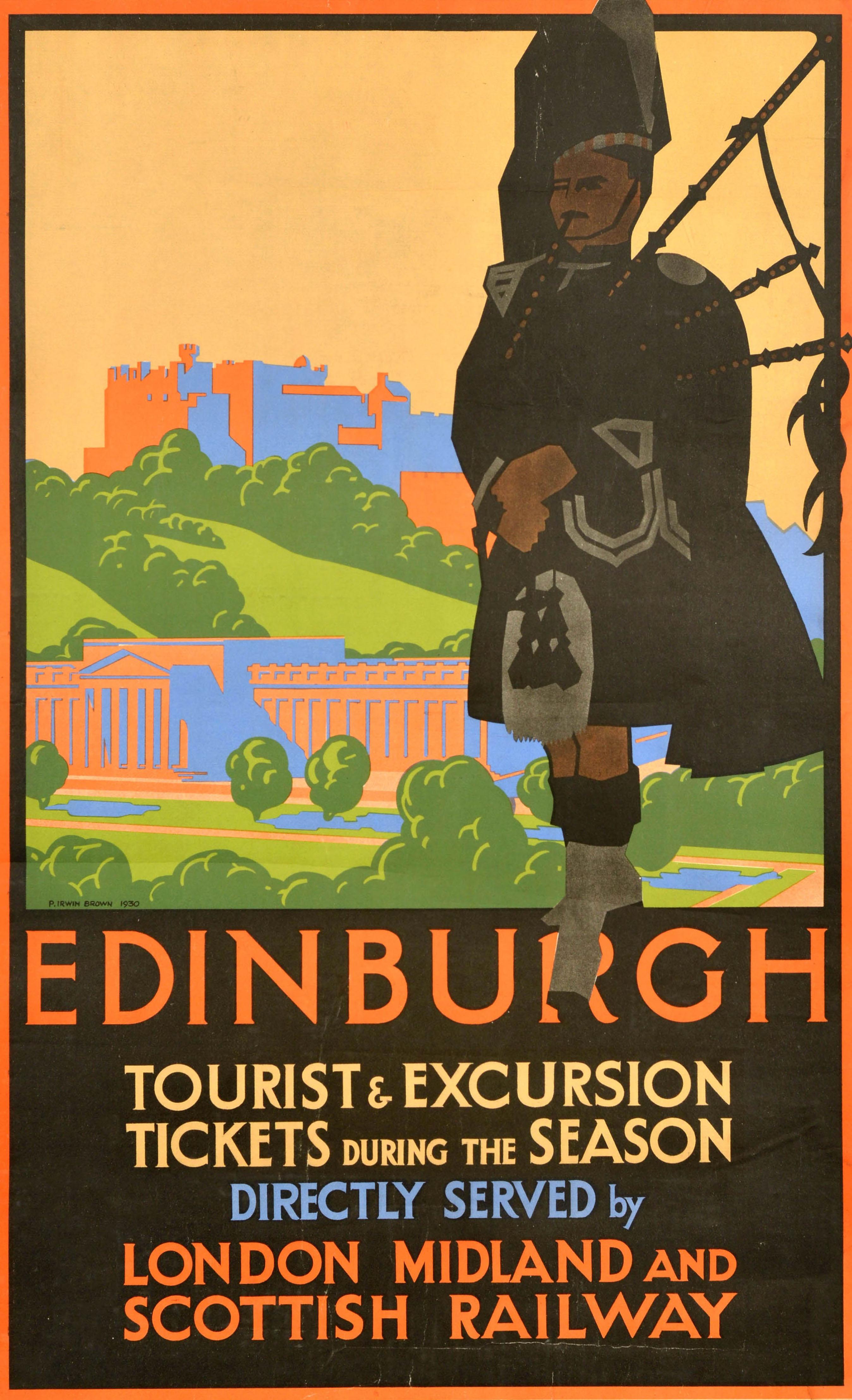 Original vintage LMS travel poster for Edinburgh featuring a great illustration of a piper of the Black Watch Royal Regiment of Scotland in military tartan uniform playing the bagpipes with a colourful view of trees and the city leading to Edinburgh