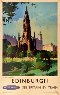 Original Vintage Travel Poster Edinburgh Scott Monument Scotland British Railway