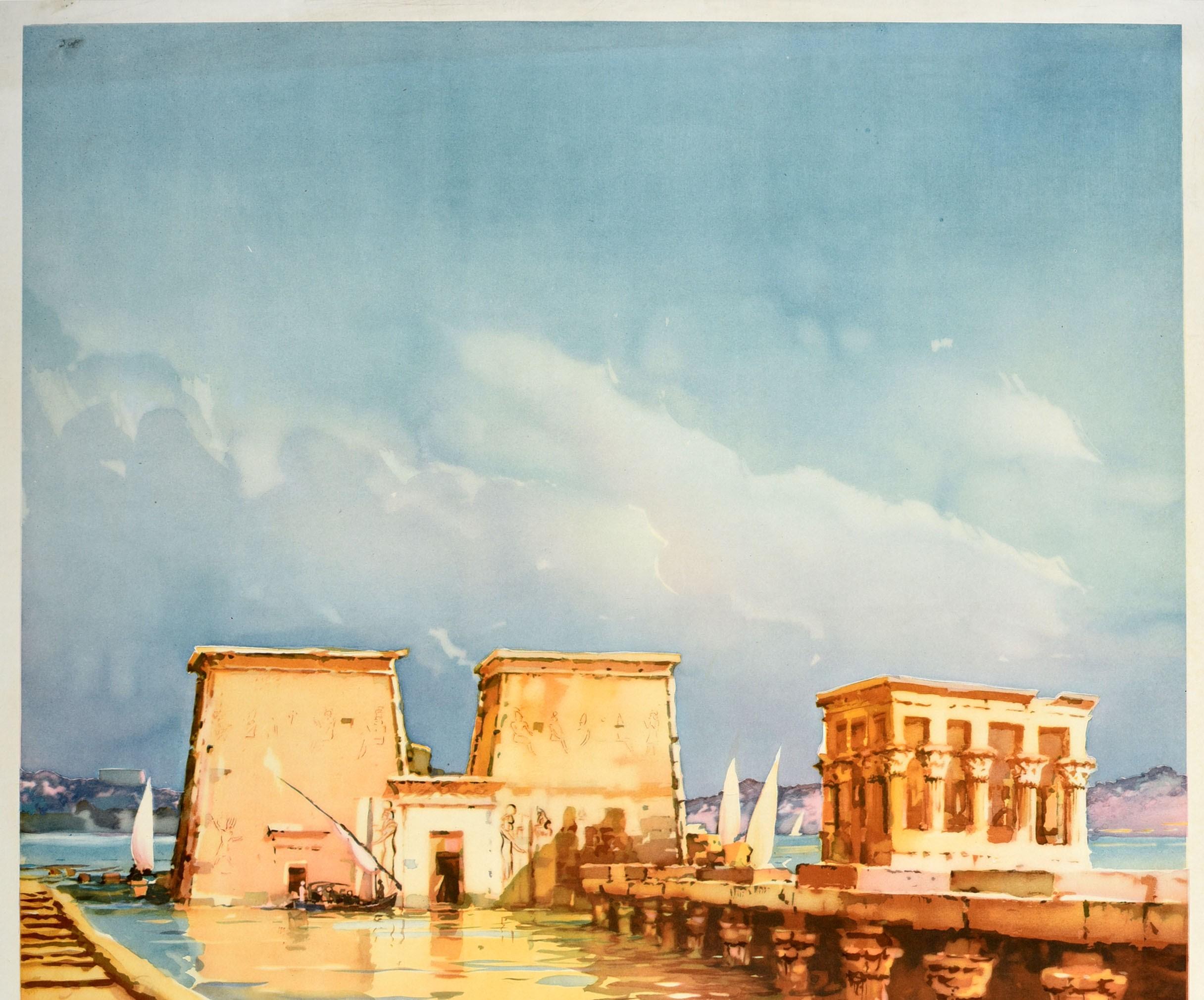 Original vintage travel poster - Egypt for Romance - featuring a stunning painting of traditional felucca sailing boats on the River Nile with hills in the distance and ancient monuments in the foreground (possibly Trajan's Kiosk aka Pharaoh's Bed
