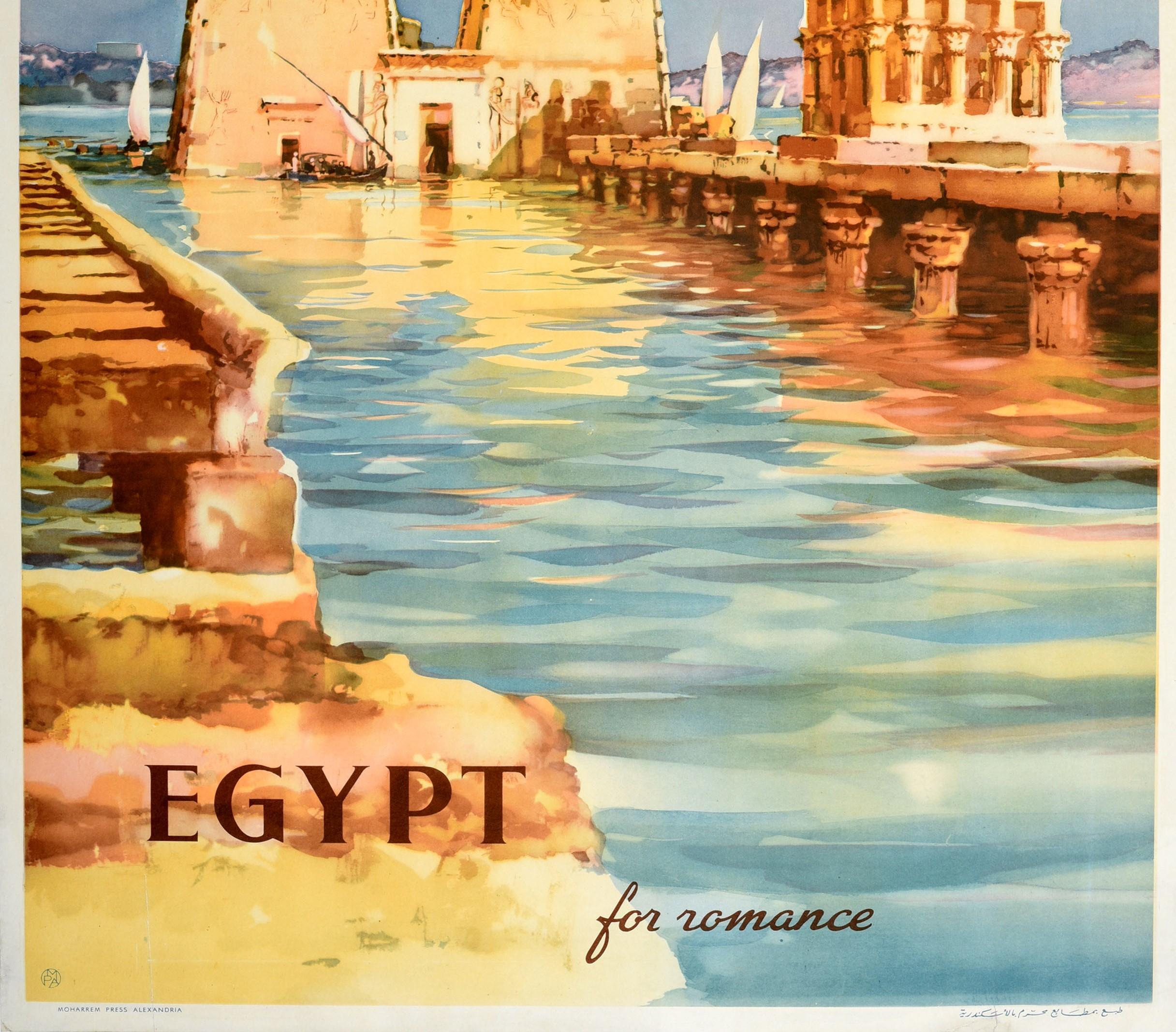 Egyptian Original Vintage Travel Poster Egypt For Romance River Nile View Felucca Boats