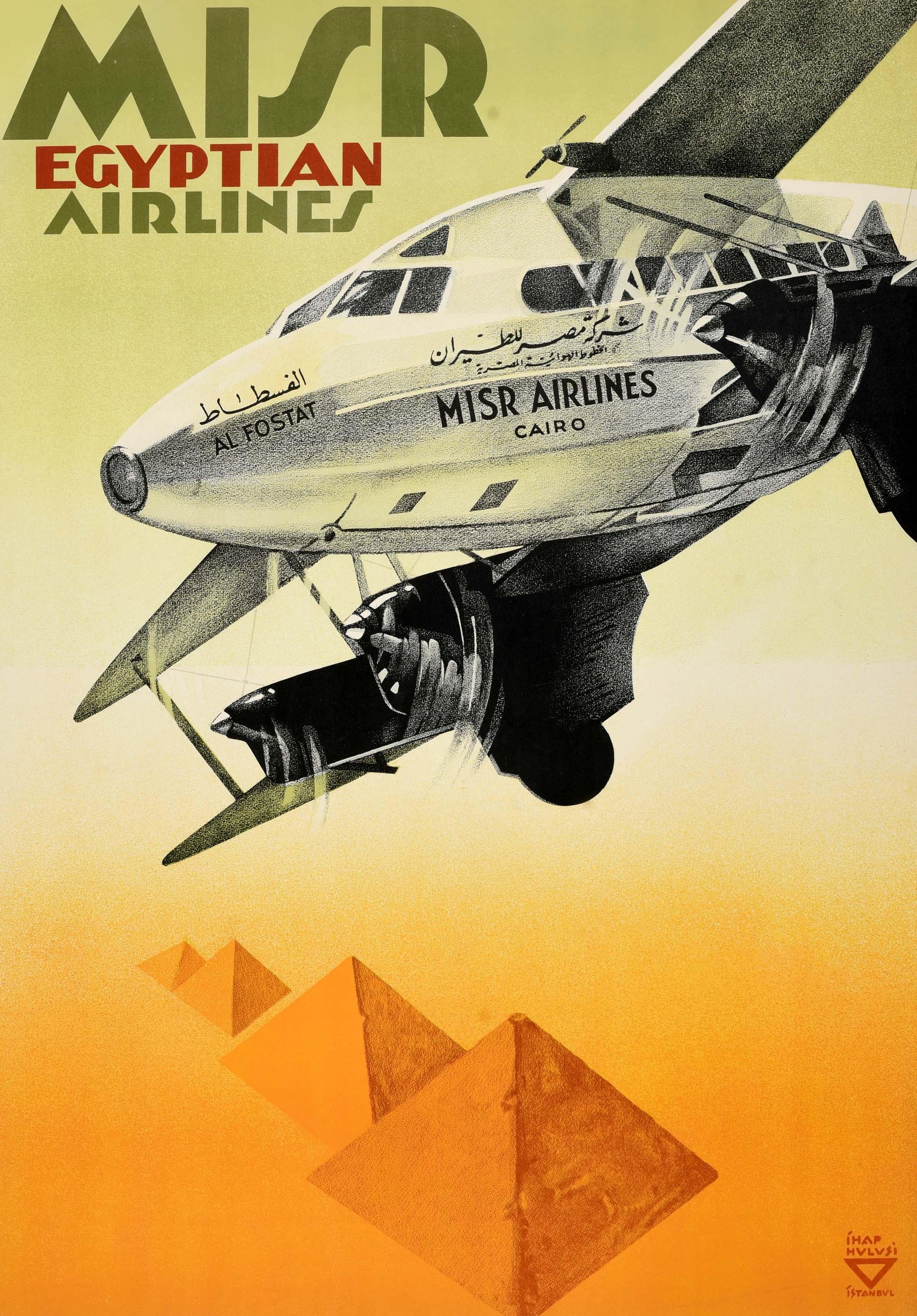 Poster di viaggio originale d'epoca per l'Egitto / Misr Egyptian Airlines con uno splendido disegno Art Déco del primo artista grafico turco internazionale Icone Hulusi Gorey (1898-1986) che raffigura un aereo a elica Misr Airlines Cairo Al Fostat