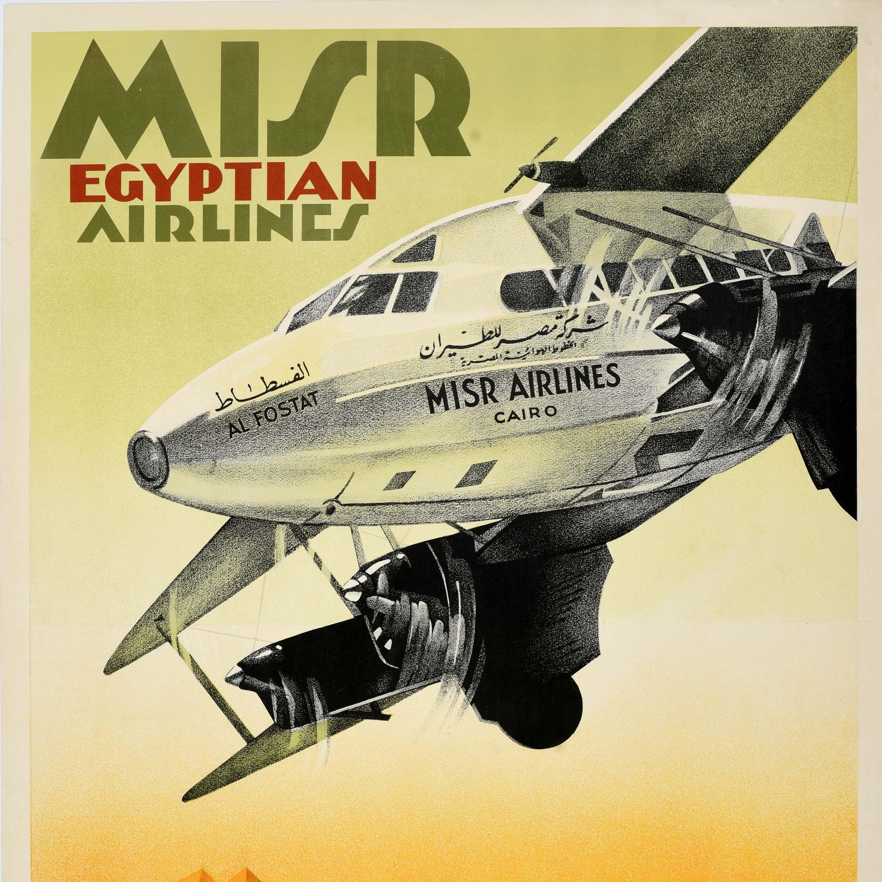 Art Déco Poster di viaggio originale d'epoca Egitto Misr Egyptian Airlines Ihap Hulusi Gorey in vendita
