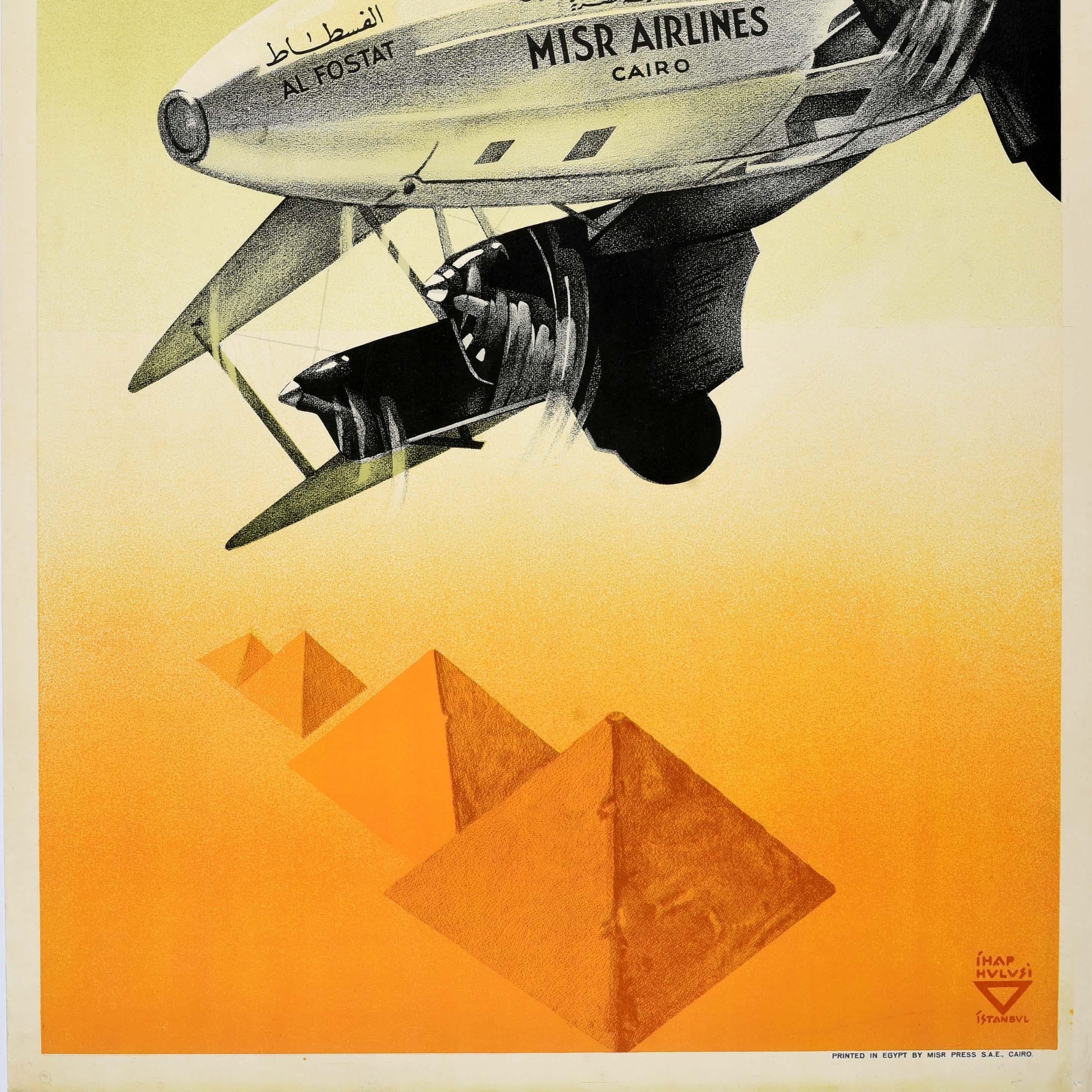 Egizio Poster di viaggio originale d'epoca Egitto Misr Egyptian Airlines Ihap Hulusi Gorey in vendita