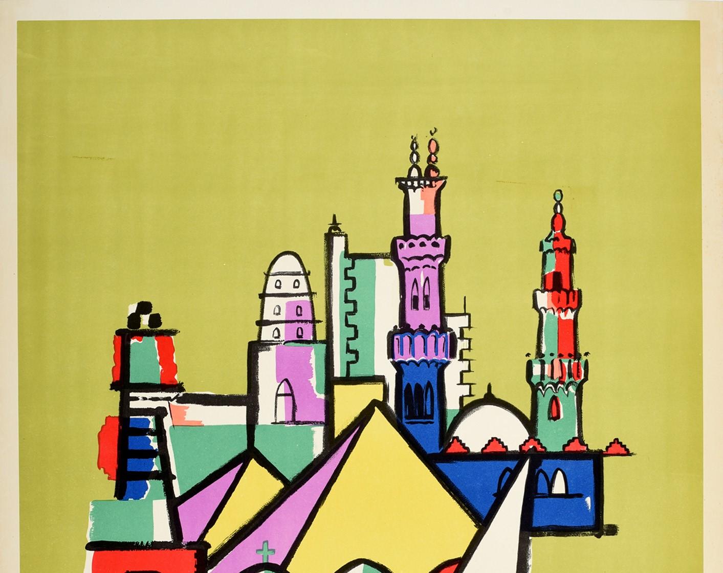 Original vintage travel advertising poster for Egypt The Cradle of Civilisation U.A.R. featuring a colourful modernist design depicting traditional sailing boats / felucca in the foreground with people, the ancient pyramids and mosques, spires and