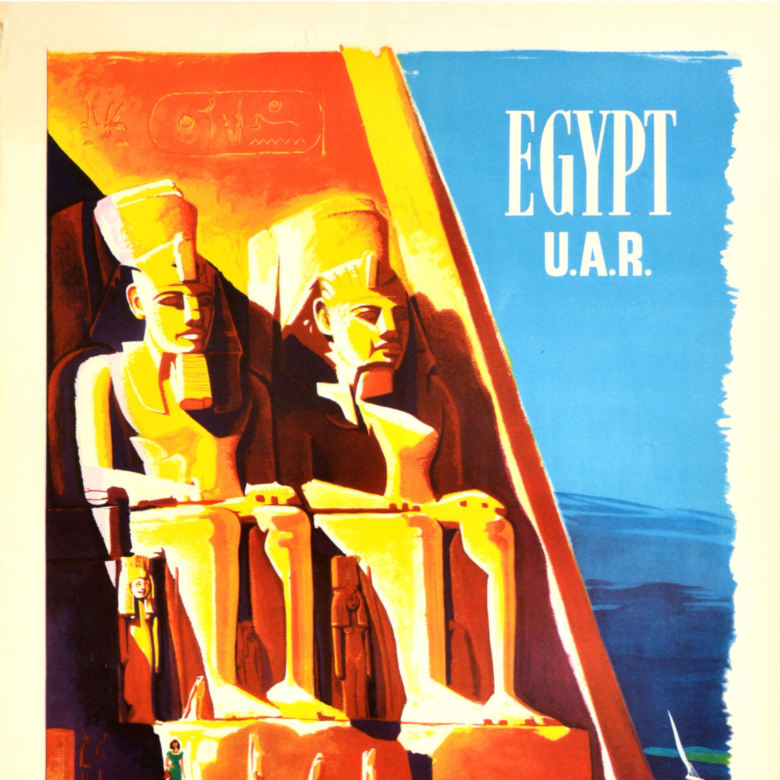 Egizio Poster di viaggio originale d'epoca Egitto UAR Abu Simbel Tempio del Faraone Africa in vendita