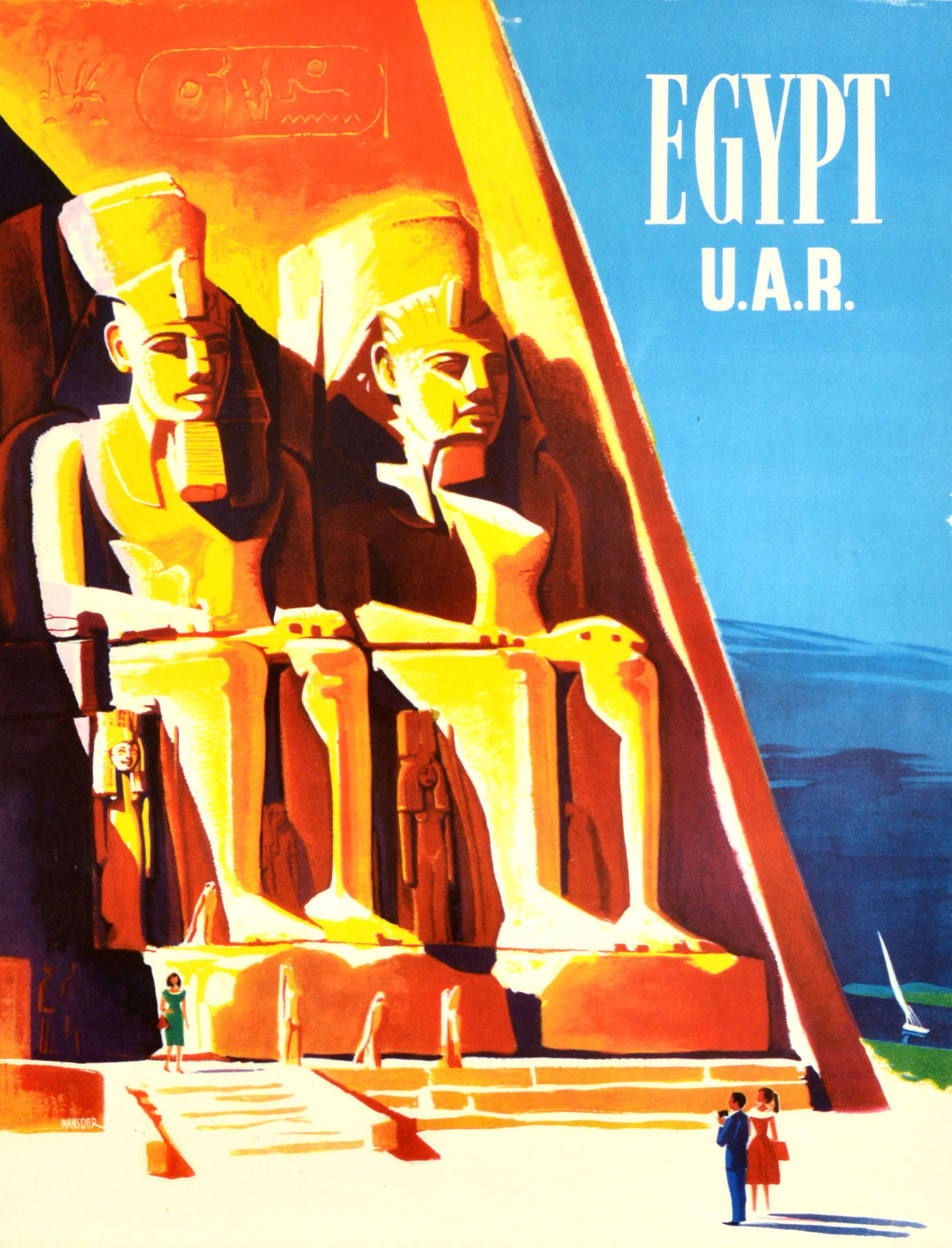 Metà XX secolo Poster di viaggio originale d'epoca Egitto UAR Abu Simbel Tempio del Faraone Africa in vendita